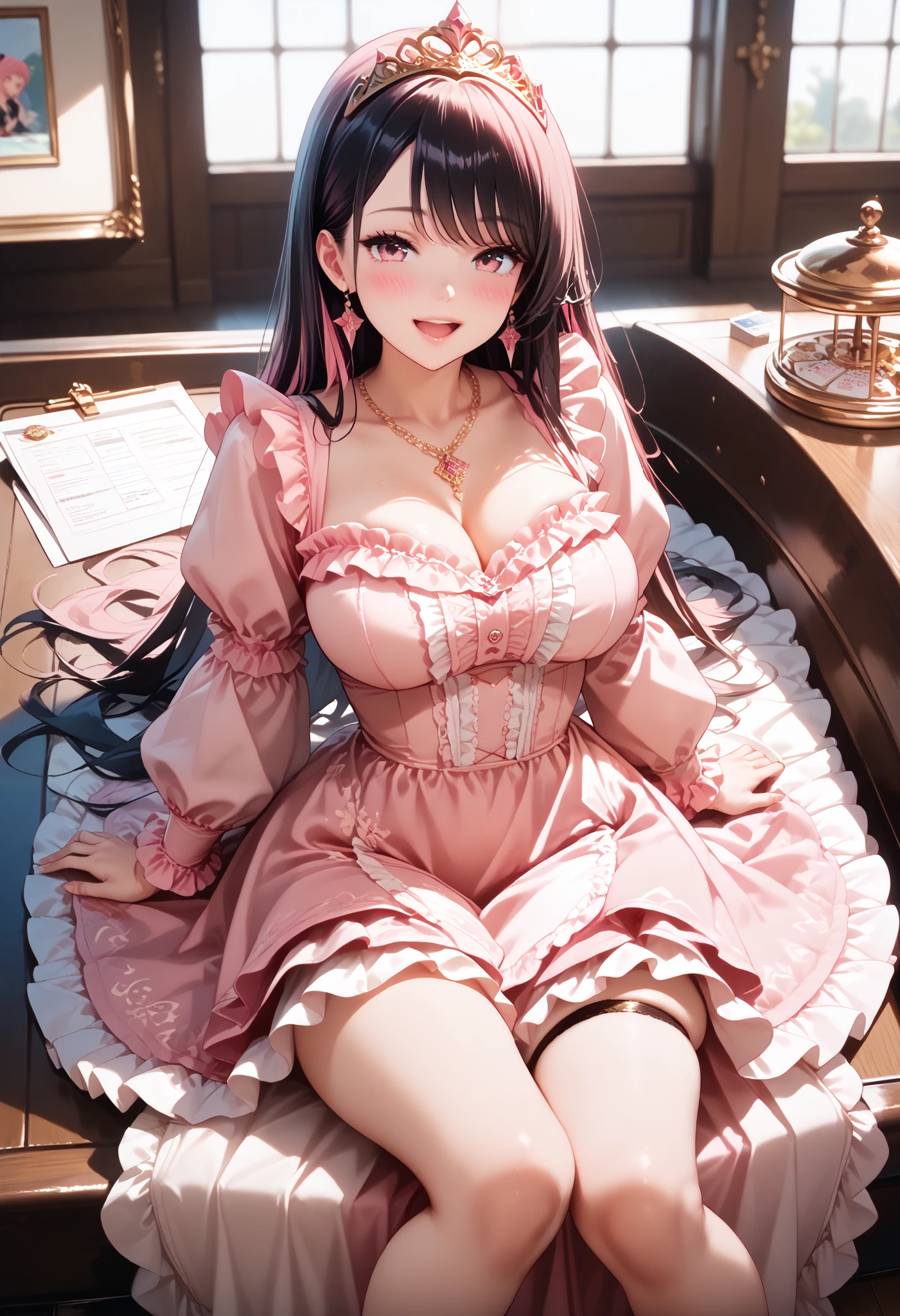 perspective, providing a intimate and immersive view of the lady's delicate features, including her blushing cheeks and sparkling eyes filled with pleasure. The background is minimalistic, focusing on the subject, while the white and pink color scheme adds a playful and sensual atmosphere. The image is rendered in ultra-high resolution, with intricate details that showcase the lady's curvaceous figure and the delicate lace patterns of her sweater. The overall composition is a masterpiece of beauty and aesthetics, capturing the essence of Lolita in a sensual and tasteful manner.