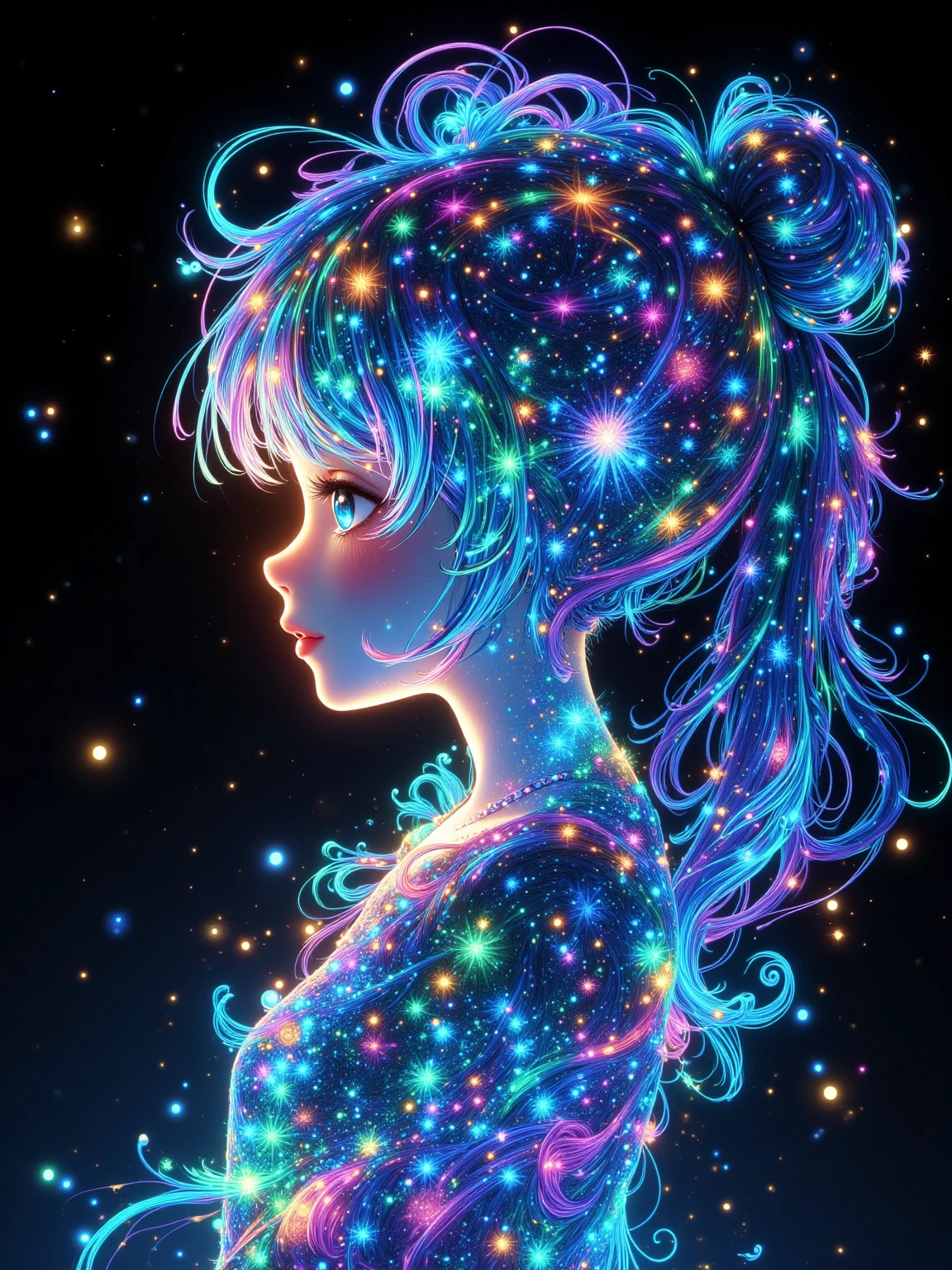 Create a breathtaking anime artwork showcasing a cute girl's silhouette, intricately layered with a mesmerizing double exposure of an iridescent nebula galaxy. The deep black background amplifies the ethereal glow, while vibrant bursts of color and HDR effects evoke a dreamlike atmosphere, inviting wonder and exploration. The girl's flowing hair resembles cosmic waves, intertwining seamlessly with swirling stars and celestial bodies, creating a harmonious blend of fantasy and reality. Soft pastel hues contrast beautifully with rich blues and purples, while delicate sparkles dance around her silhouette, embodying a sense of magic, serenity, and cosmic connection. This enchanting scene captures the essence of dreams and the universe's breathtaking beauty, inviting viewers to lose themselves in its wonder.