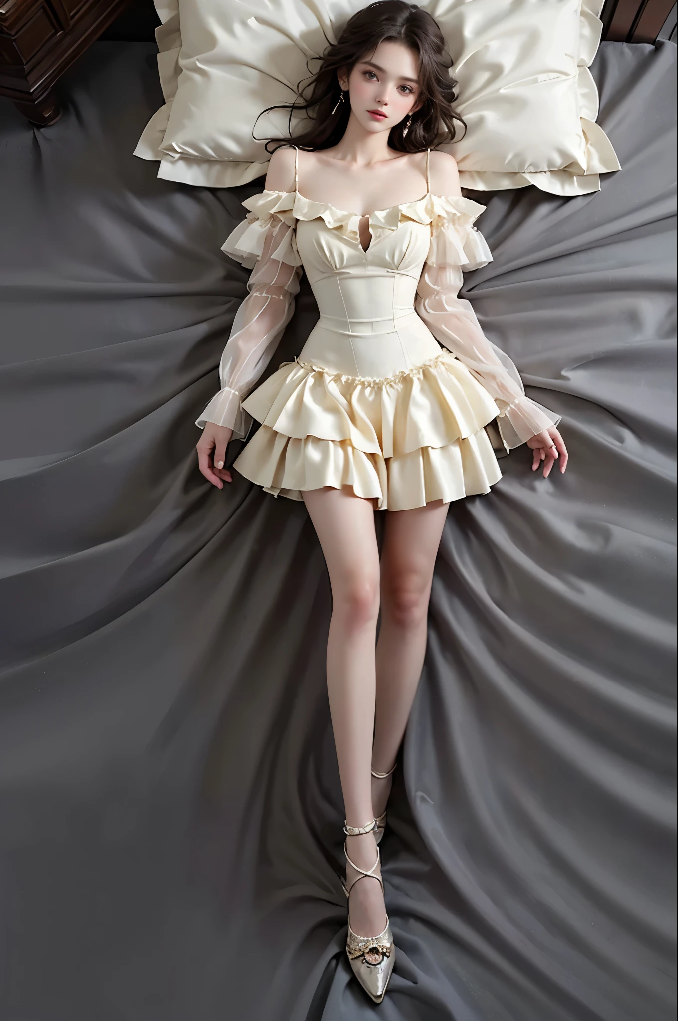 lullaby dress,off shoulder dress,frills ,,(photorealistic:1.2), (from above:1.3), beautiful woman, fashion model, long legs, laying on luxury bed in classical romantic bedroom, knee bent upward, delicate fingers lifting skirt hem to thigh, (perfect body proportions:1.3), anatomically correct legs, elegant pose, soft ambient lighting, shallow depth of field, 85mm lens, high-end fashion photography, detailed skin texture, fine fabric details, (high quality:1.4), masterpiece, 8k uhd