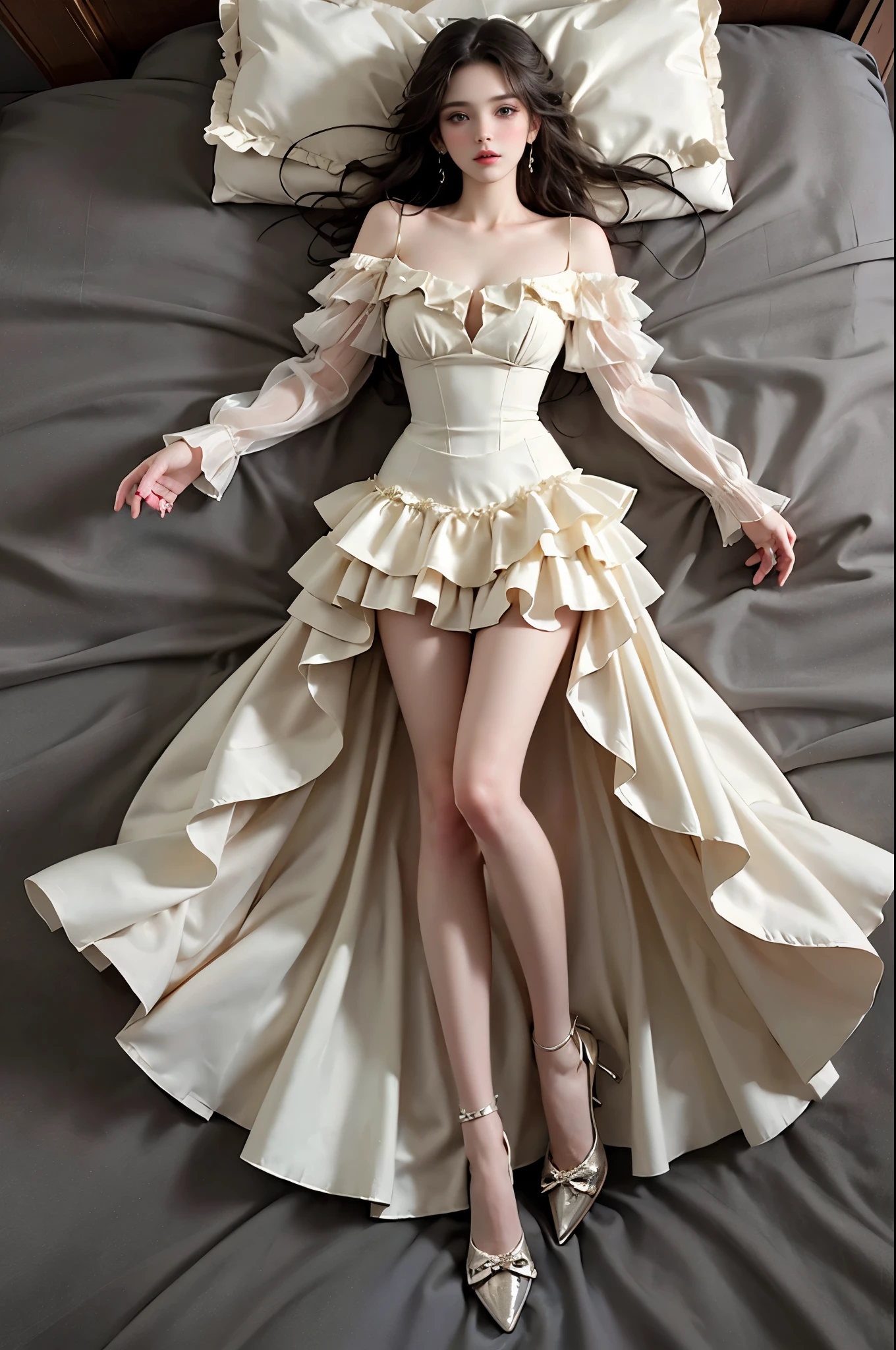 lullaby dress,off shoulder dress,frills ,,(photorealistic:1.2), (from above:1.3), beautiful woman, fashion model, long legs, laying on luxury bed in classical romantic bedroom, knee bent upward, delicate fingers lifting skirt hem to thigh, (perfect body proportions:1.3), anatomically correct legs, elegant pose, soft ambient lighting, shallow depth of field, 85mm lens, high-end fashion photography, detailed skin texture, fine fabric details, (high quality:1.4), masterpiece, 8k uhd
