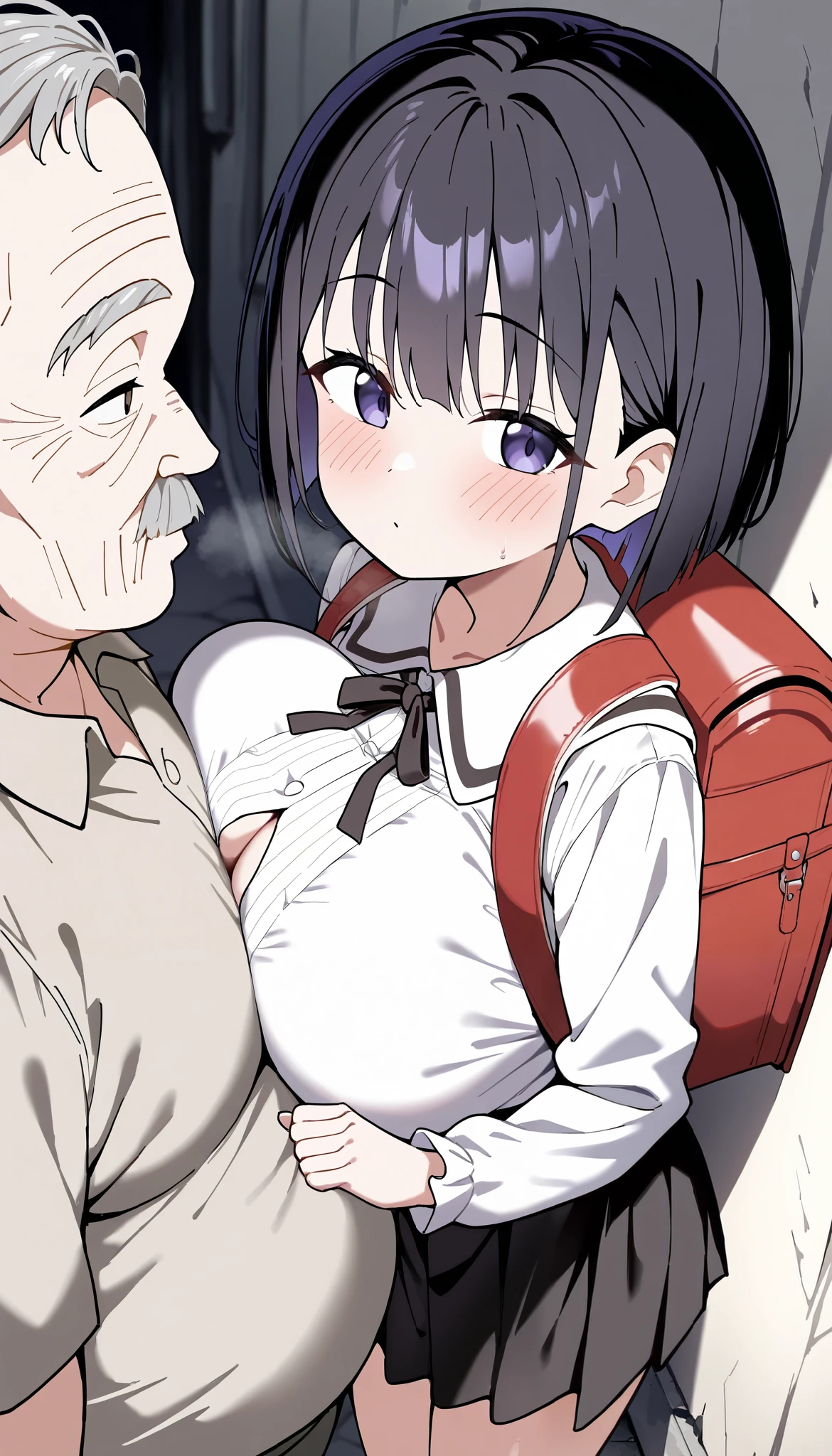 (( best quality )), ((Masterpiece)), ( Details), 1 girl, black short hair skirt, bob cut, stares at viewers, huge breasts, slender, ( blouse), blouseのインナーにうっすら見えるブルーブラジャー,(An in the lower grades :1.3), randoiful Skin , nsfw, alley,(A girl hugs the old man's face in front of her chest:1.3), fat old man,(My favorite old man :1.1),Wall-don, stroke my head