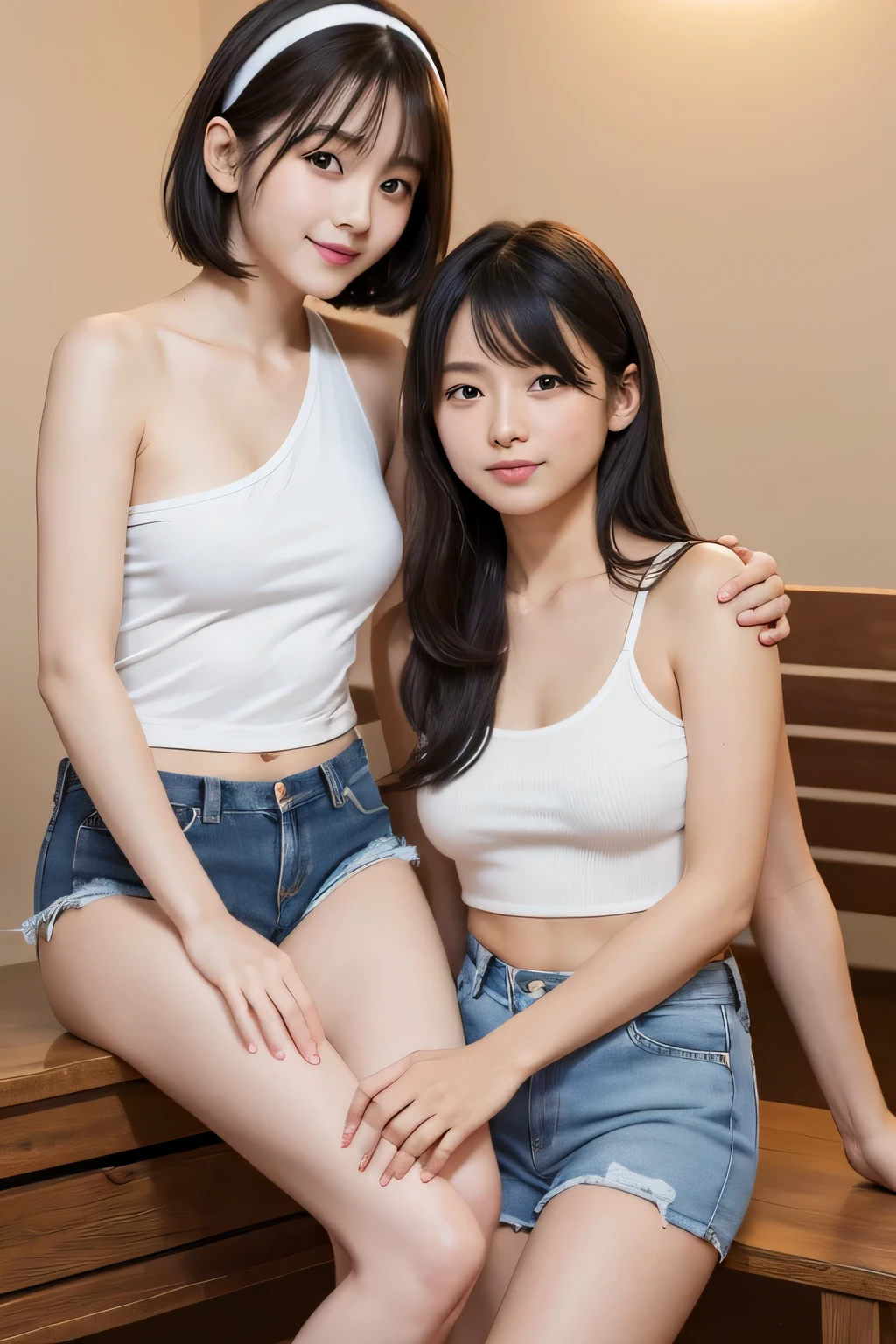 8K, masterpiece, best quality, photo realistic, ultra-detailed, 2 girls, Asian, athletic body, realistic skin texture, 1 girl long hair, 1 girl short hair, (breasts:1.0), (smile:0.9), gaze at viewer, tube top, hot pants shorts, micro mini skirt, movie lighting, face focus, fine eyes, detailed face, well lit face, day light, outdoor cafe in background, nice thighs