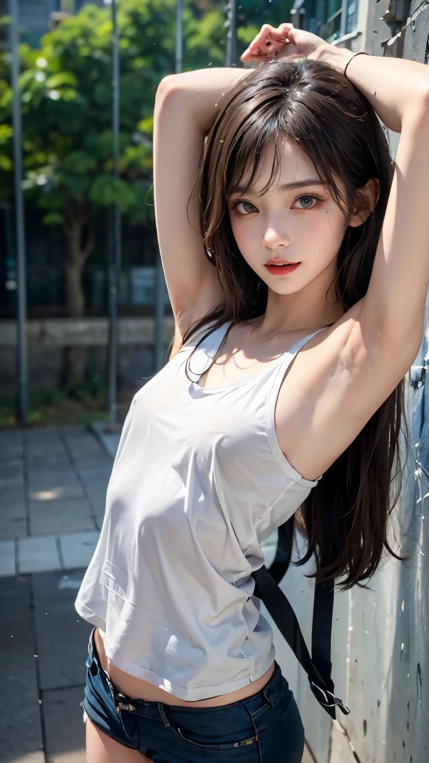 1girl, smile, (((small breast))), armpits, (((bokeh))),depth of field, cute face, looking at the viewer, masterpiece, model shoot style, cleavage, full body portrait, sexy pose, ((8k, RAW photo, highest quality, masterpiece), High detail RAW color photo professional photo, (realistic, photo realism:1. 37), (highest quality), (best shadow), (best illustration), ultra high resolution, highly detailed CG unified 8K wallpapers, physics-based rendering, cinematic lighting),