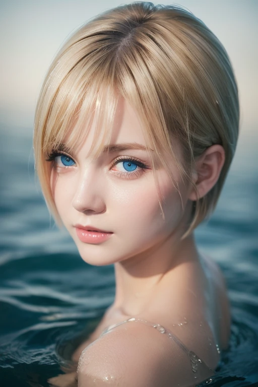 (((sfw))), beautiful white swedish blonde womanin a white dress floating in the seawater. 25 years old, platinum hair, short hair, (((pixie cut))), devil smile, azure eyes, big ass, sexy abs, (masterpiece:1.2) (photorealistic:1.2) (bokeh) (best quality) (intricate details) (8k) (high poly) (ray tracing) (cinematic lighting) (sharp focus) (detailed face) (detailed pupils)