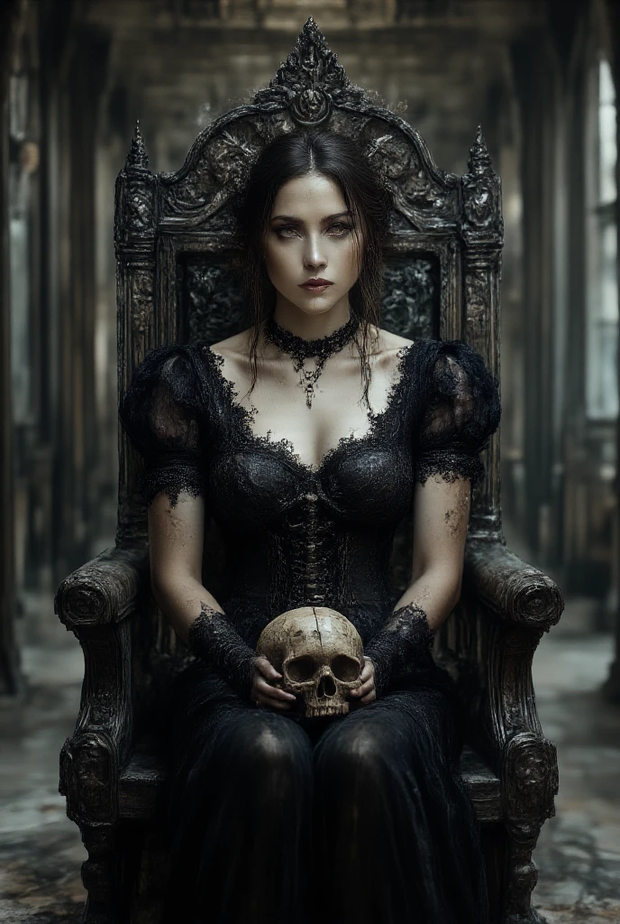A love that transcends time, High Quality Image, uncensored, 1 Girl, solo, beautiful woman, queen of the night, empress of darkness, long black hair tied back in a bun, long eyelashes, red eyes, half closed, detailed face and eyes, mole under eye, moist lips, slim body, black medieval European dress, high neck, choker, long sleeves, lace gloves, high heels, black veil, empty great hall, seated on throne, looking sadly at one skull in hand, sitting cross-legged, close-up of skull and woman's face,
