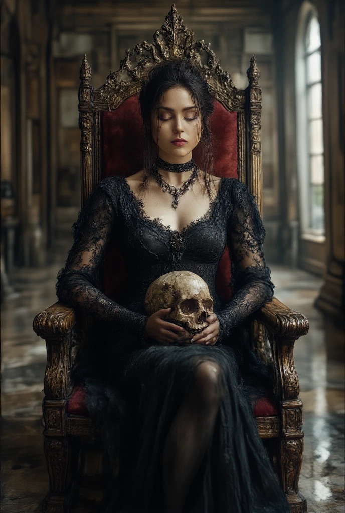 A love that transcends time, High Quality Image, uncensored, 1 Girl, solo, beautiful woman, queen of the night, empress of darkness, long black hair tied back in a bun, long eyelashes, red eyes, half closed, detailed face and eyes, mole under eye, moist lips, slim body, black medieval European dress, high neck, choker, long sleeves, lace gloves, high heels, black veil, empty great hall, seated on throne, looking sadly at one skull in hand, sitting cross-legged, close-up of skull and woman's face,