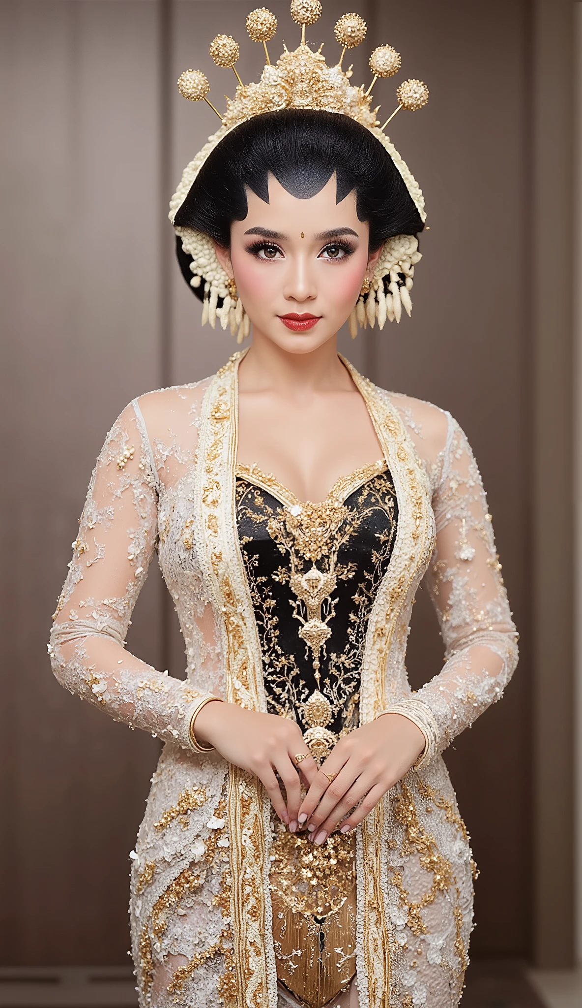 (Best quality, 8k, 32k, Masterpiece, UHD:1.2), Pretty Indonesian woman, beauty face, large breasts, (beautiful nipple slip:0.9), outdoors, windy, shiny skin, golden Javanese Traditional, standing, looking at viewer, white flower, red lips