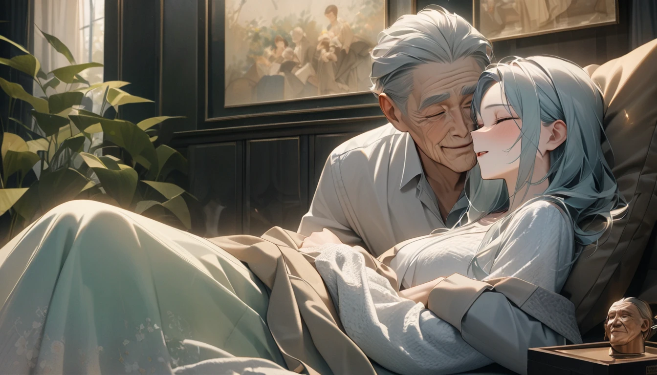 The man knelt down for the old mother lying on the bed