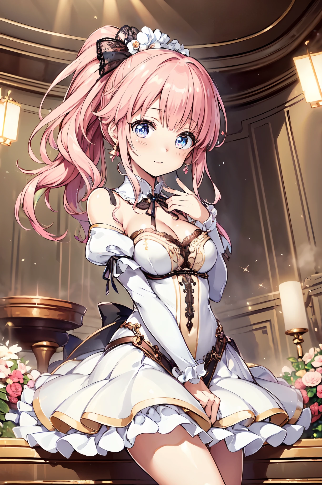 (( cute anime art style :1.3)), ( masterpiece), ((( best quality ))), ((( high resolution ))), ((( unity 8k wallpaper))), ((( More details))), ( Super Detailed Skin ), rest ((( whole body))), ((( A girl with a gentle and beautiful face ))), ((( the princess with a young face ))), (18 years old), More detailsな目, Beautiful Eyes , Fine grained , ( Light Lipstick :1.3), rest ((( Pink Hair , shiny hair , Fluffy ponytail ))), side blades , (( curls , expressive hair, very thick hair )), bangs, beautiful jewel crown , Crystal Earrings , rest (( delicate lace material )), ( satin material ), (( clear satin material )), ((Skirt Support )), ((( Rococo Victorian English dress))), (( exquisite embroidery )), (( lots of lace and ribbons )), ((crinoline)), ( beautiful shiny marble floor ), ( highly reflective floor ), (( Allows depth of field :1.5)), ( floral background :1.1) ,(( troé clairé :1.5)),