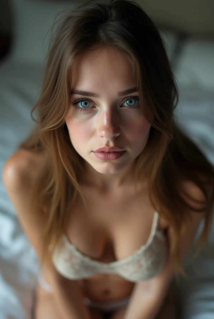 A young 1 beautiful girl in the bed staring at me, saying want to love me more, with long straight messy hair with bangs, looking innocent angelic and in love in a cinematic, professional photo sharp and detailed, masterpiece, UHD, curvy body, flat chested, pale skin with rosy chicks and lips young and babyface, staring in love at the viewer arroused after sex face