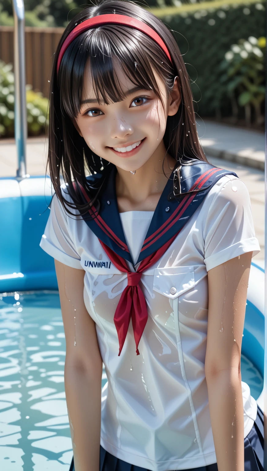 Japanese junior high school girls、School Swimsuit、Wet and transparent、smile、Small breasts
