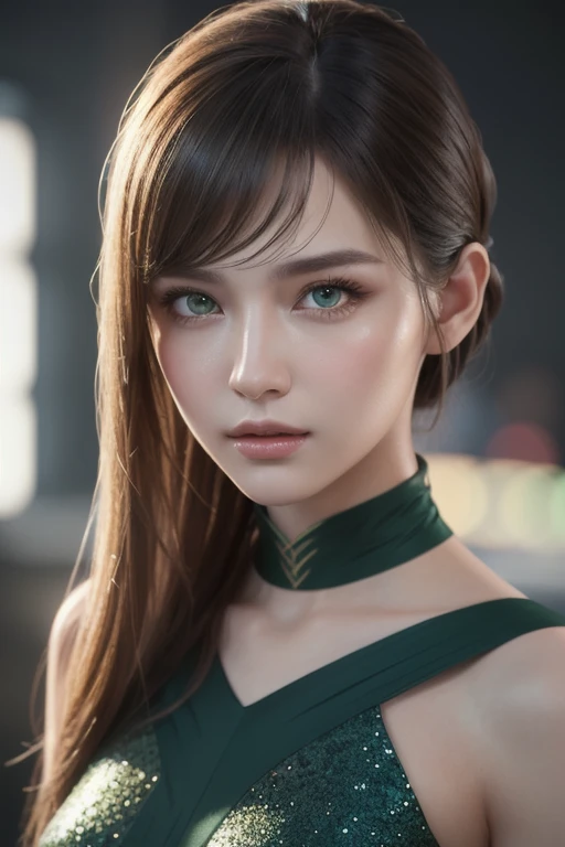 Realistic, masterpiece, Highest quality, Highest Resolution, Anatomically correct, Accurate Anatomy, 7 heads, Height: 165cm, One Japanese woman, A sharp expression with some teeth showing, Profile staring into the distance, Fine and beautiful eyes, Sparkling eyes, Thin eyebrows, Gives lashes a delicate finish, False eyelashes, (Chinese traditional makeup:1.2), (Braided hair, Blunt bangs, Brown Hair:1.2), Detailed face, Sharp Eyes, (Classic green and lime green latex cheongsam, Tight-fitting clothing:1.3), Bust up photo, Blank background in warm colors