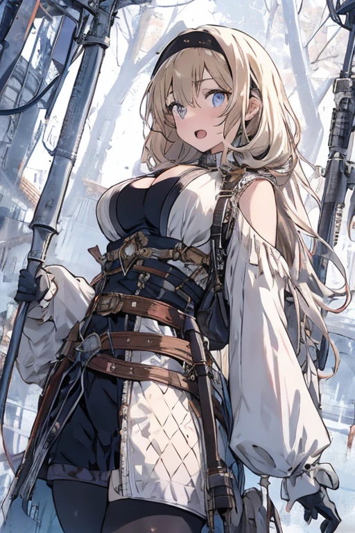 masterpiece, (from below:1.1), 1girl, Bust A Cup, Amazing Cleavage:1.3, thin waist, big ass, Raised sexy, small breast: 1.2 posed cleavage:1.2、solo, looking at viewer, open mouth, A scene depicting a beautiful female nun, medieval-inspired with fantasy elements, highly detailed, , best quality, solo, highly detailed, looking at viewer, open shoulder, simple background, white cloths, score_8_up, 1girl, score_8_up, 1girl, colored eyes ,medieval ,fishnet pantyhose,Buckle collar, Long sleeves, Cropped tank top, midriff scar,large breasts,fishnet pantyhose, AddXL,mlkfk, pince-nez, blonde hair , blue eyes, long hair