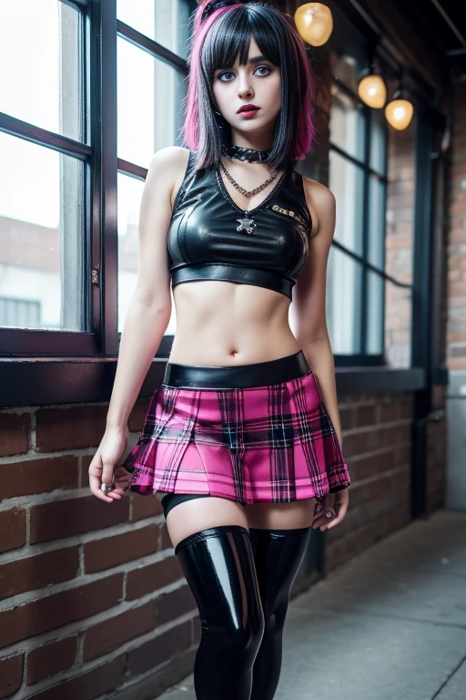 (Harley Quinn), huge breasts, ((pleated tartan miniskirt)), ripped white tee-shirt, (((shiny sheer black thigh-high stockings))), long thick pigtails, goth makeup, white high-heel shoes, I can see the entire woman, full body view, girly pose, thin, athletic, short, skinny, small hips, small butt, big smile, high definition, intricate details, 8k,