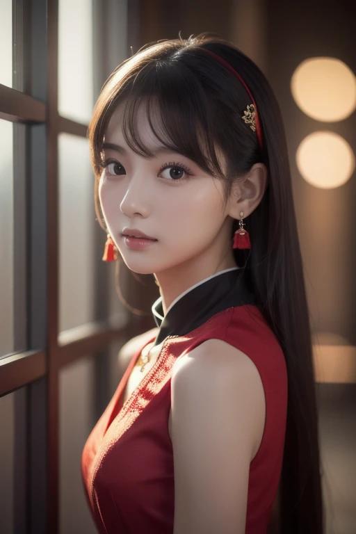 Asiastudent girl,with smoothwhiteskin,Bangs,black hair,hair bun,(beautiful bra, C shape),wearing a Cheongsam,standing in a room,She leans against the wall,The dress has red colors at the hem,complementing the red,The most realistic picture.