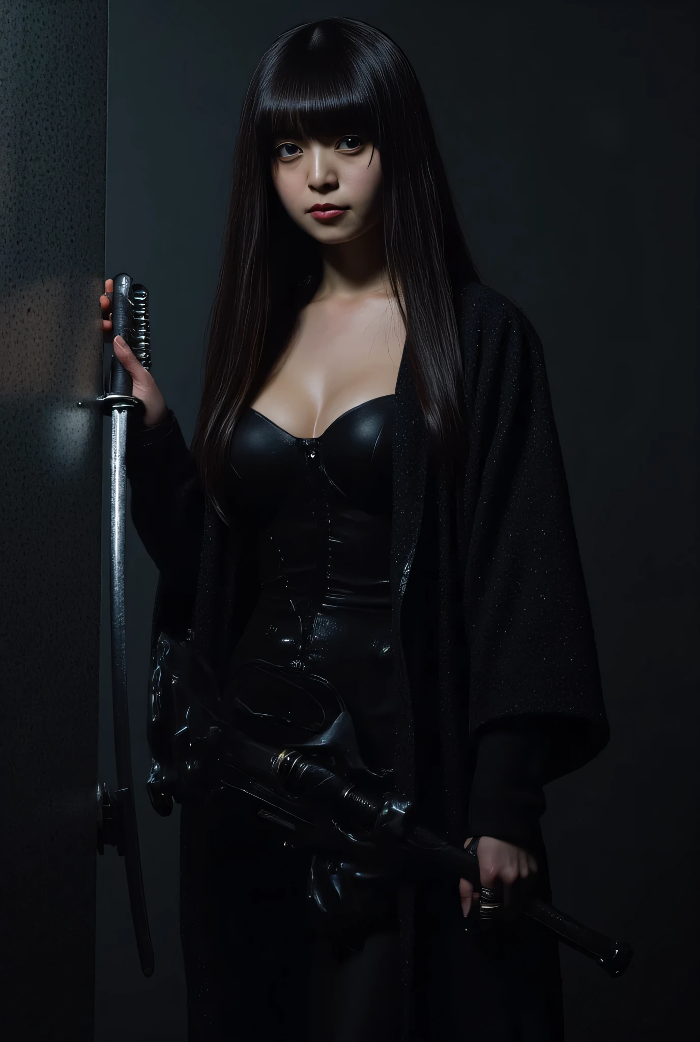 Arafi woman in black leather clothes kneeling on the ground holding a knife, vampire nun, cruel korean goth girl, single scary female vampire nun, Yoo Lee Ji-eun plays the super villain, nun fashion model, Nun attire, Vicious female match, beautiful female assassin, cyberpunk nun warrior, Cosplay Photos, realistic cosplay, Seductive cyberpunk dark fantasy, Park Shin Hye plays a super villain