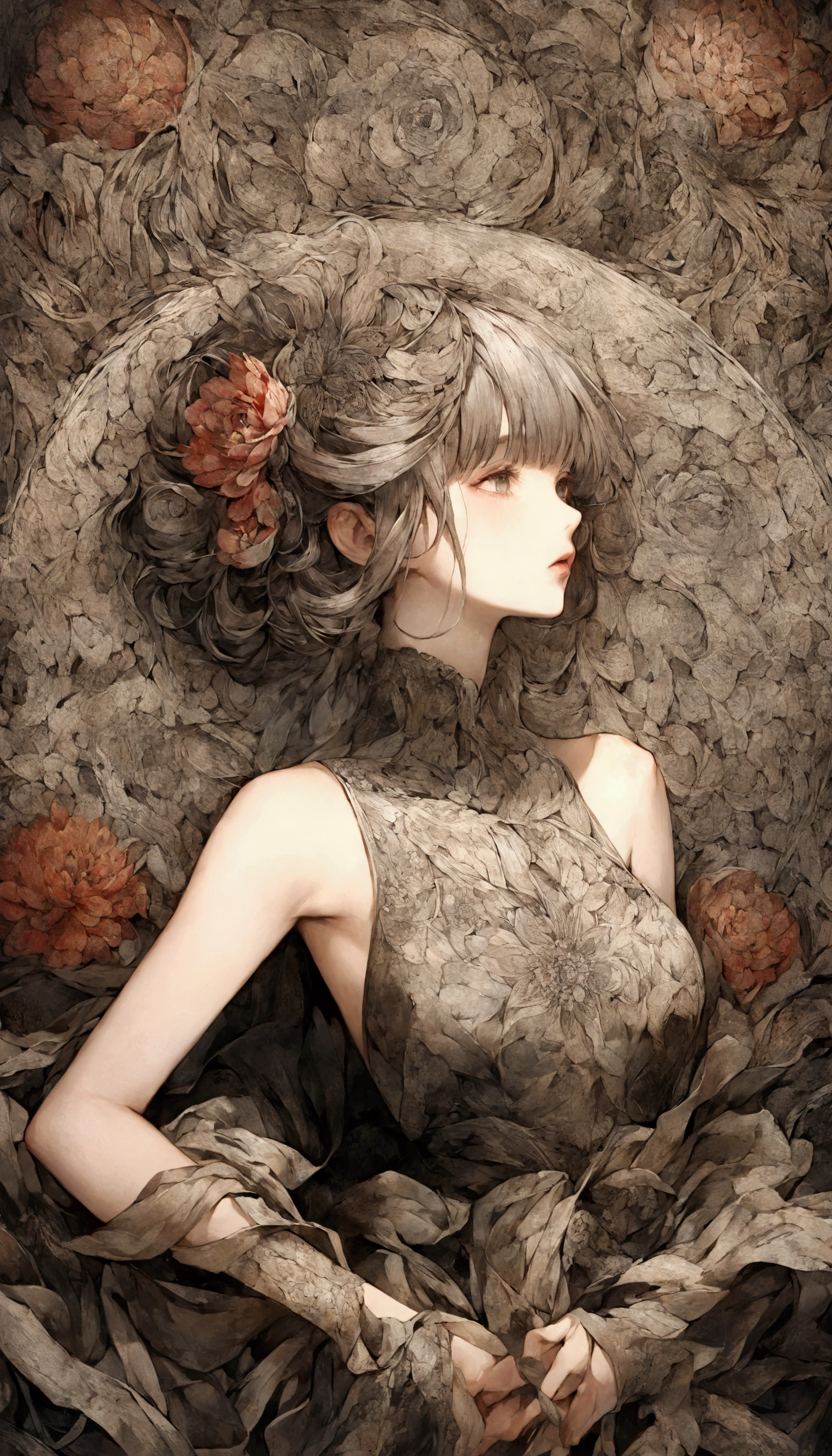 Official Art, wallpaper, very detailed, ((( very detailedな目と顔))), Keep your mouth shut., Masterpiece, best quality , real portrait , (ZenTangle, Mandala, Tangle, EnTangle), Complicated clothes, very detailed, dynamic angles, The Most Beautiful Form of Chaos, elegant , Brutalist Designs , bright colors, Romantic Chinese Flowers , , sleeveless dress