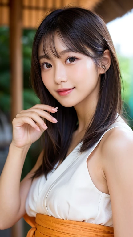 young japanese woman, 30 generations, white background, simple背景, white-brown hair, thin, At 32K, high quality, beauty, beautiful eyes, simple, High resolution,1 person,beautiful skins,beautiful skin,laughter,