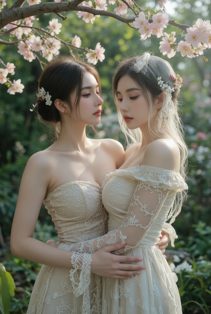 (the main subject: two beautiful slim girls with curves),(facial details: detailed eyes, perfect eyebrows, soft lips),(medium: oil painting),(additional details: colorful flowers in the background, sunlight filtering through the trees),(image quality: best quality, high resolution, vivid colors),(art style: portraits),(color tone: warm and vibrant),(lighting: soft natural light highlighting the girls' features).