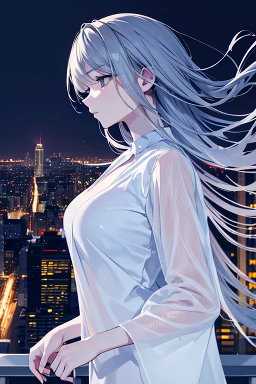 highest quality, masterpiece, High resolution,, One girl, Detailed face, (Upper Body:1.6), Cyber City, Mountains and Rivers, night, Firefly Light, Realistic, Lots of details, (White Hanfu:1.2), (Beautiful body:1.4),