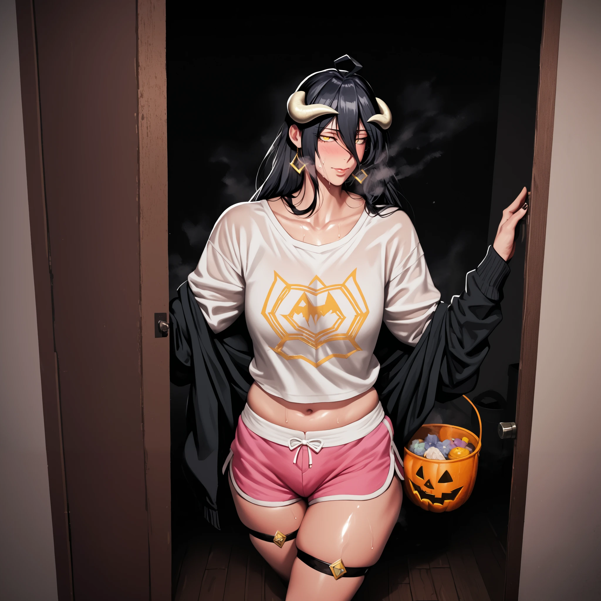 aRoodNoodle,artstyle, soft colors, pastel colors, desaturated, Score_9, Score_8_up, Score_7_up, albedo \(overlord\), black hair, long hair, demon horns, slit pupils, yellow eyes, mature female, anime coloring, anime screencap, shiny skin, (voluptuous:1.3), (thick:1.3), BREAK UHD, retina, masterpiece, accurate, anatomically correct, textured skin, super detail, high details, high quality, award winning, best quality, highres, 4K, black nails, makeup, eyelashes, excessive sweating, sweating, sweating drop, (gasping, heavy breathing:1.3), (skindentation:1.2), perfect eyes, beautiful eyes, eyelashes, makeup, detailed body, perfect body, BREAK, 1girl, solo, breasts, halloween, navel, sweatdrop, looking_at_viewer, jewelry, earrings, halloween_costume, large_breasts, closed_mouth, collarbone, bucket, doorway, standing, heavy breathing, gasping, sweating, excessive sweating, sweating drop, plump, seductive sweating, half-closed eyes, BREAK COSTUME, white shirt, long sleeves, black cardigan, dolphin shorts, short shorts, pink shorts, midriff peek, thigh belt, at bedroom,