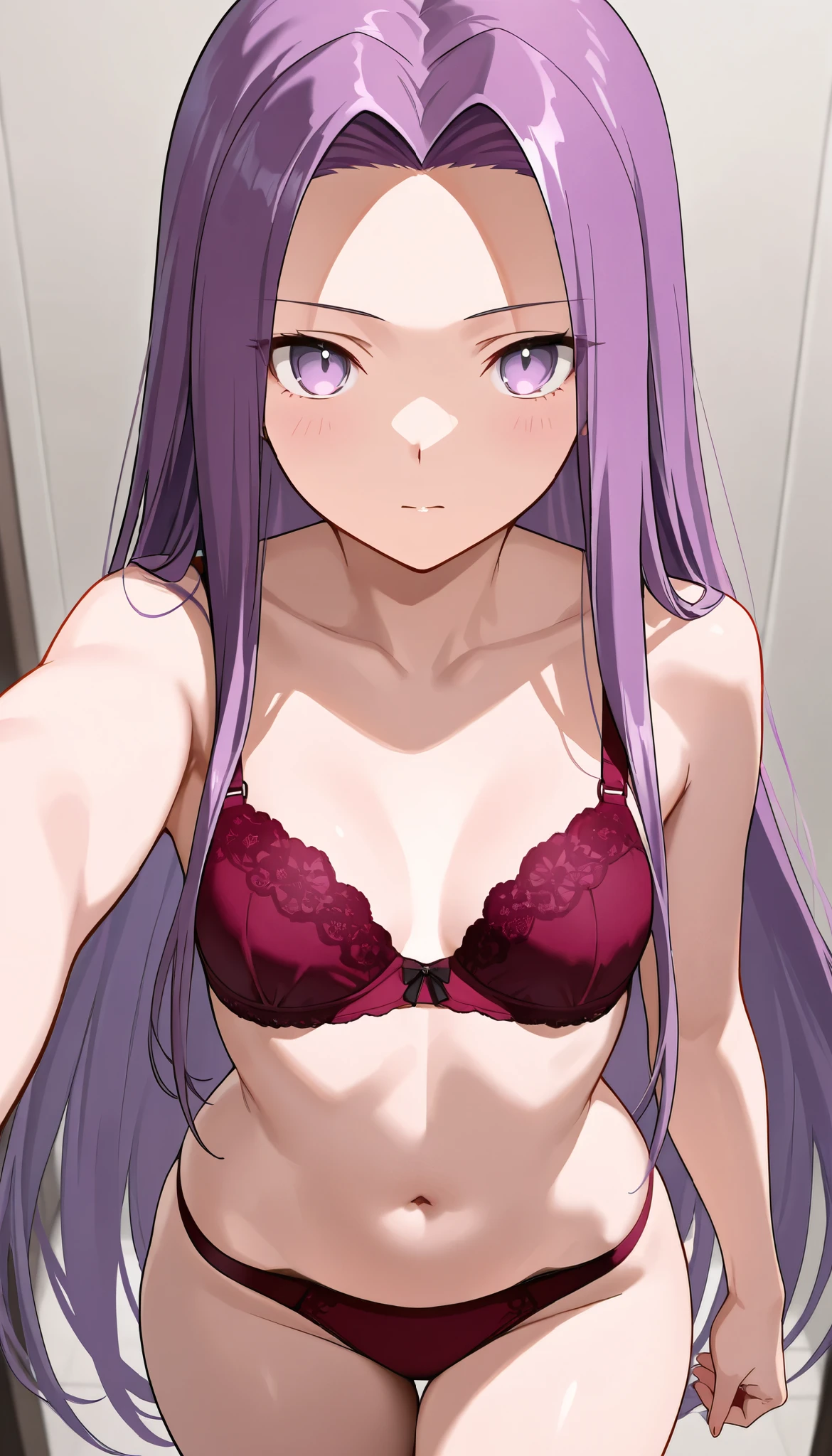 alone, One girl, View your viewers, sketch, Flat Color, 2D, anime, anime coloring, Light purple hair, ponytail, Hair Ribbon, cowboy shot, (Pure white lace bra, Pure white lace panties), Crying face, large breast