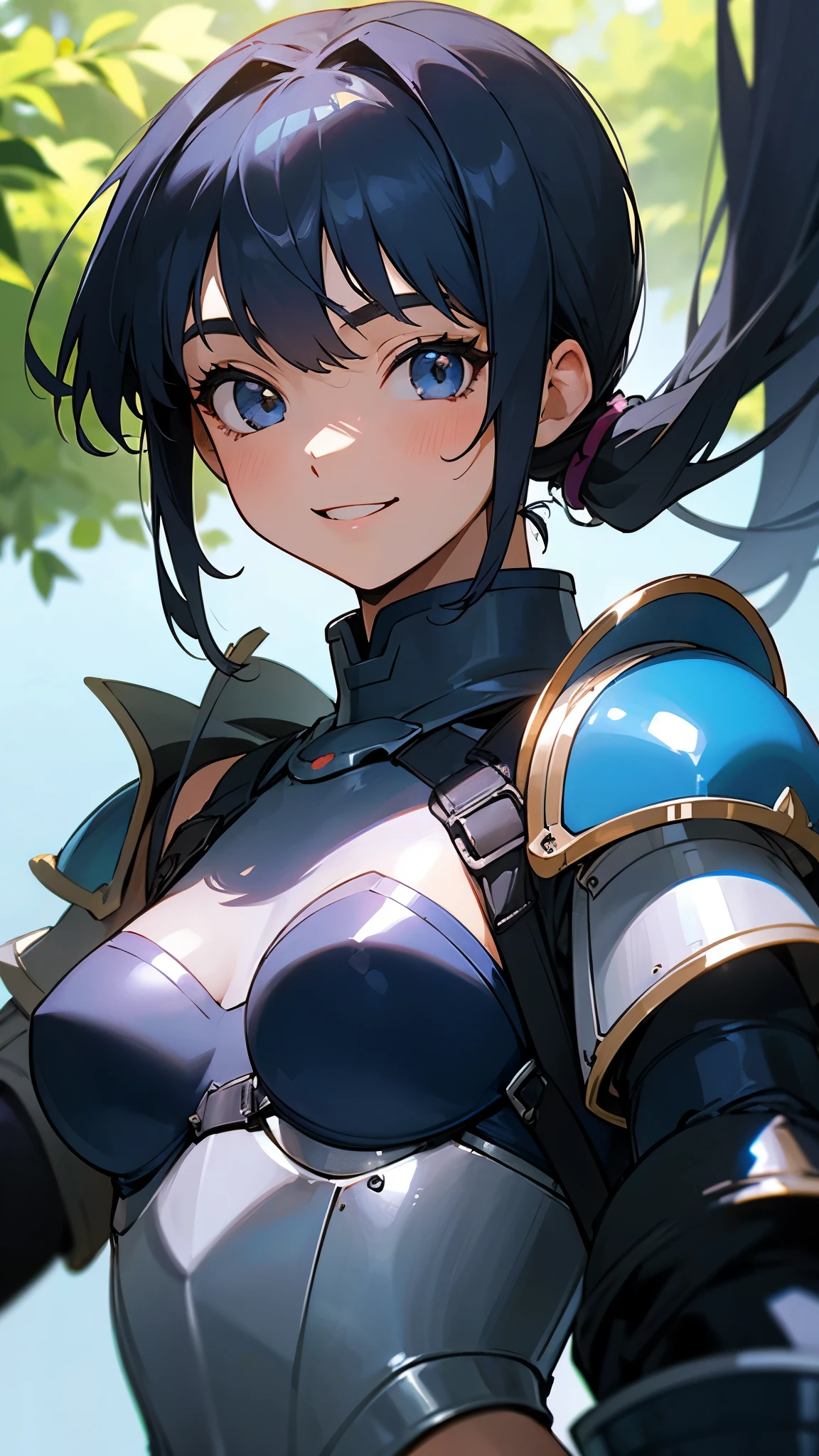 1 girl、8k、Sharp focus、(Bokeh) (Highest quality) (Detailed skin:1.3) (Intricate details) (anime)、Dark blue-black hair、Side Ponytail、Lightweight blue bikini armor、Blue gloves、Upper body close-up、From the side、smile、Open your mouth