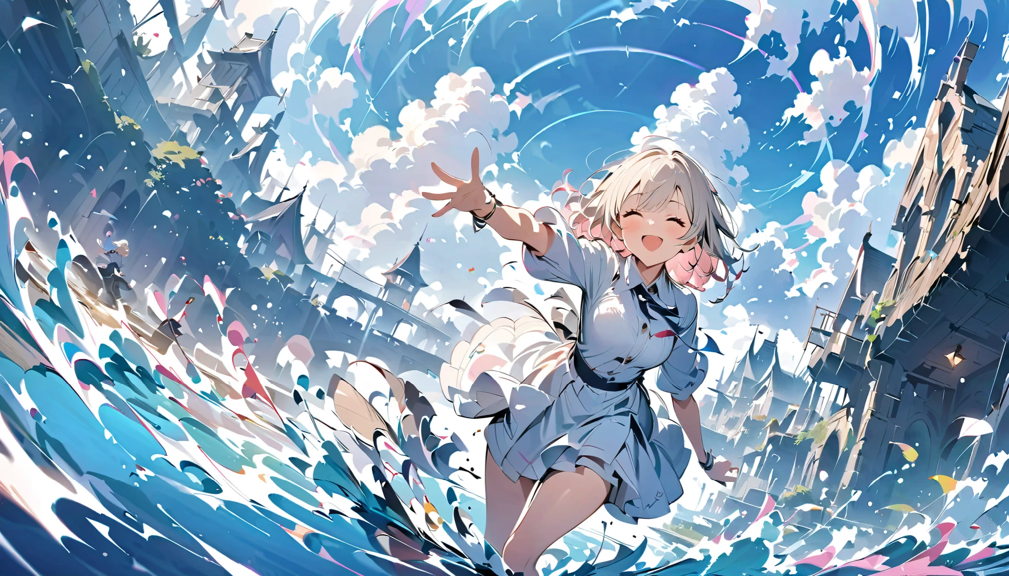 Scenery Reflected in Puddles 、、Lake in ruins 、 piano floating above the lake、Play the piano、 mystical scenery、(Masterpiece, best quality , Official Art:1.2), 荒れ果てた廃墟の中でグランドPlay the piano少女 , Floating Colorful Water, Details, dynamic angles , beautiful Details, 8k, break smiling amidst the カラフル scenes, ( best quality , Masterpiece, high resolution, Details), anime style, ( eyeliner , Details美しい顔), break, dynamic angles