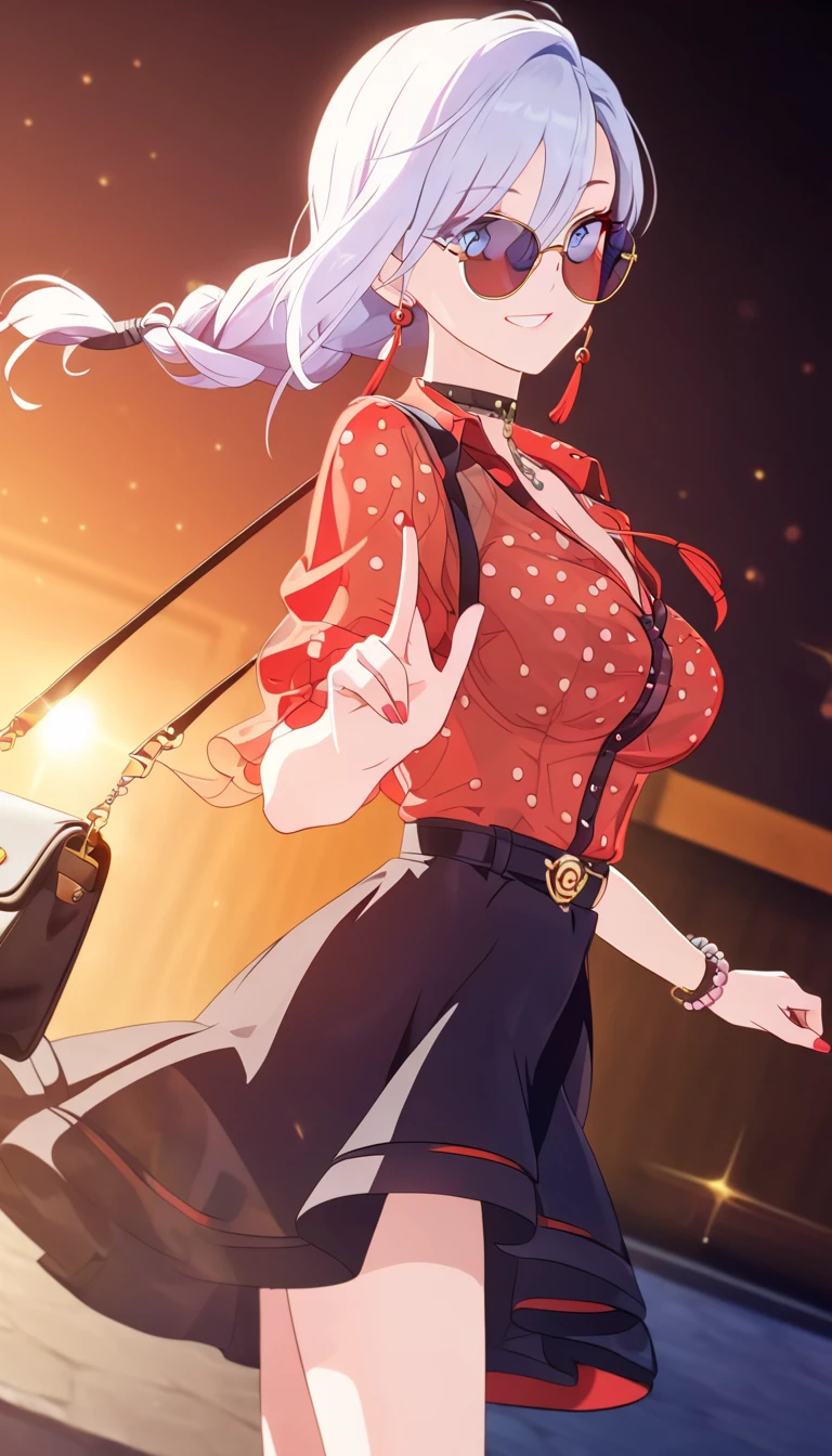 masterpiece, best quality,, GBF, black gloves, black stockings, cape, draft, gray hair, horn, Big breasts, long hair, pointed ears, mini skirt, Red dress,, city street, cake, happy, eyes closed
