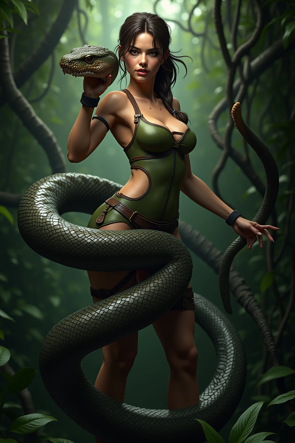 dua lipa's face, ((dark short hair, bob haircut)), detailed snake skin, lamia、Hot reptiles, Monster Girl、Snake Pose, humanoid woman , (glowing green eyes), detailed face, ((slender figure, thin waist)), (((muscular body and abs))), ((wide hips)), ((giant girl, 4 meters)) she looks giant in the garden, (Paw pose), standing in the garden, legs spread, wearing a revealing leather oni outfit, smilling like a slut.