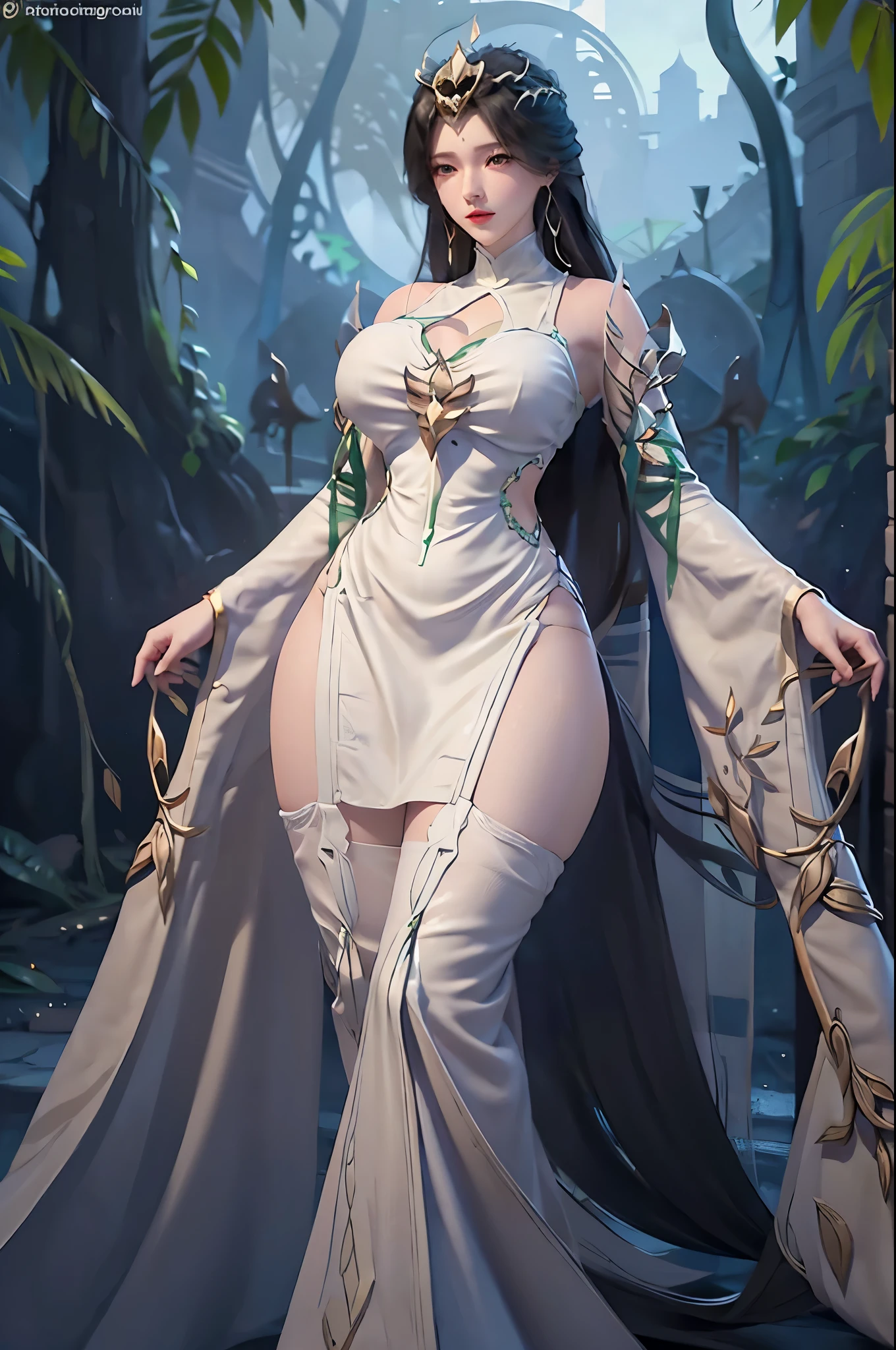 nsfw, perfactnipple, nipple, bigboobs, huge breasts, perfact, , perfactpussy, perfactface, perfacteye, sexypose, beautiful curves, Cameltoe dress, fantasy vegetation in the background