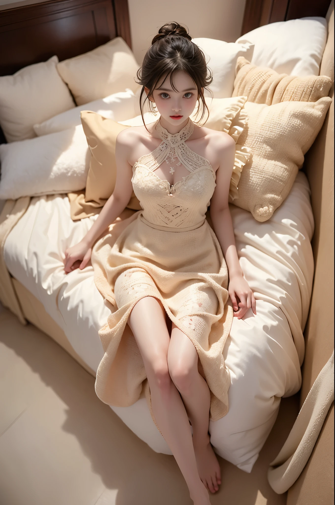 edgCD,crochet dress,wearing edgCD ,,(photorealistic:1.2), (from above:1.3), beautiful woman, fashion model, long legs, laying on luxury bed in classical romantic bedroom, knee bent upward, delicate fingers lifting skirt hem to thigh, (perfect body proportions:1.3), anatomically correct legs, elegant pose, soft ambient lighting, shallow depth of field, 85mm lens, high-end fashion photography, detailed skin texture, fine fabric details, (high quality:1.4), masterpiece, 8k uhd
