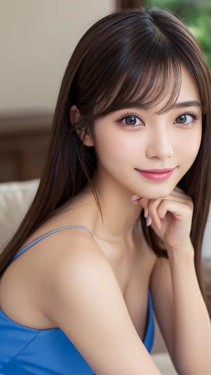 Brown Hair,Medium Hair,18-year-old female, Small nose, With the correct face, Cute natural smile, Japanese facial features, A clean and cute face, Cute realistic portrait, Asian Face, 8K Photo, Soft Makeup,Natural skin texture,Raw photo,highest quality,Full Body Shot,Showcasing cleavage,Seductive pose,Lying Down,Swimwear