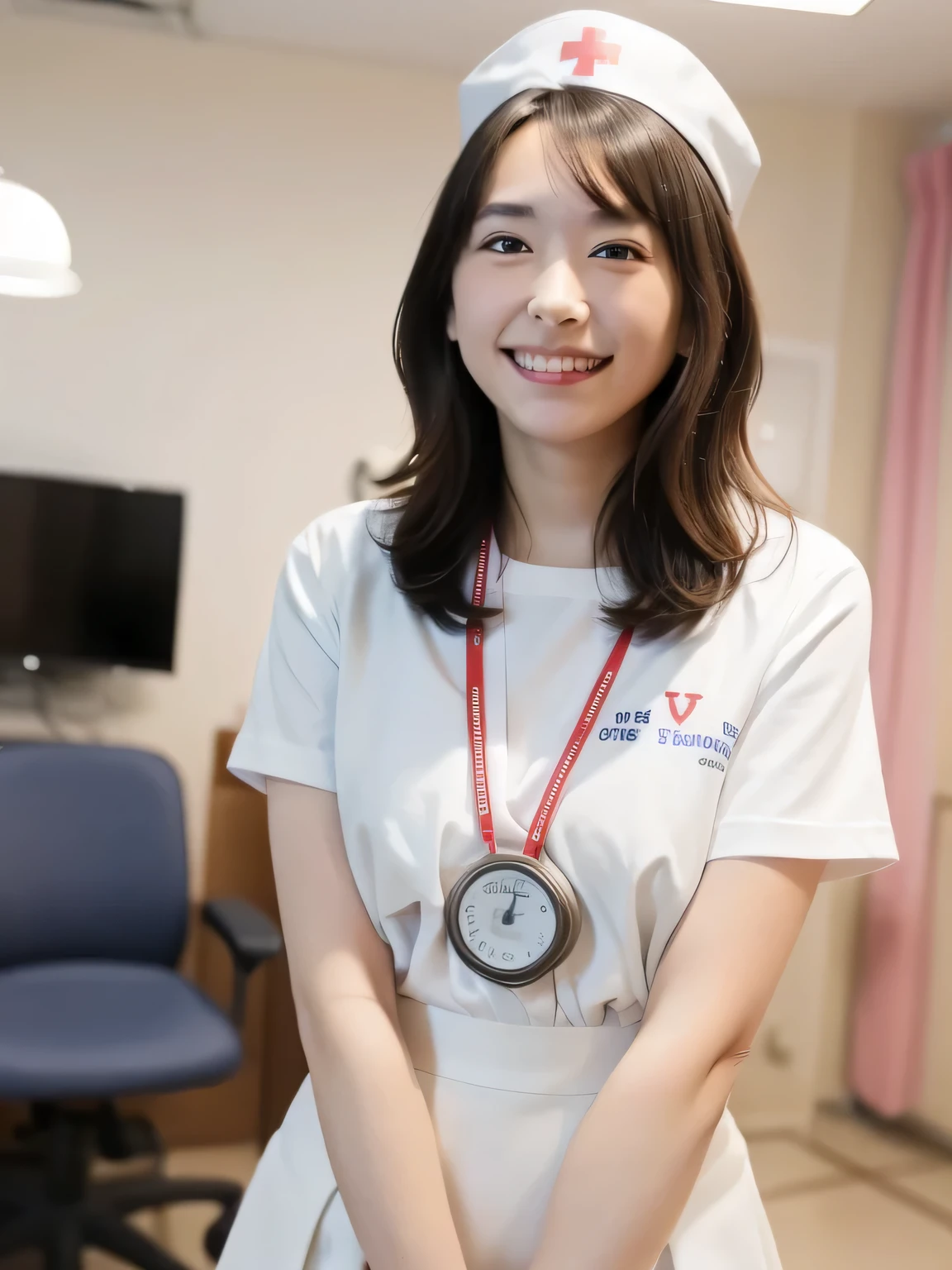 Depict a 20-year-old, very beautiful woman in a hospital room. She is wearing a nurse cap and a mini-skirt style white uniform. Her expression is shy, and she is smiling gently. The setting includes medical equipment and furnishings typical of a hospital room, with soft lighting to create a warm and welcoming atmosphere.