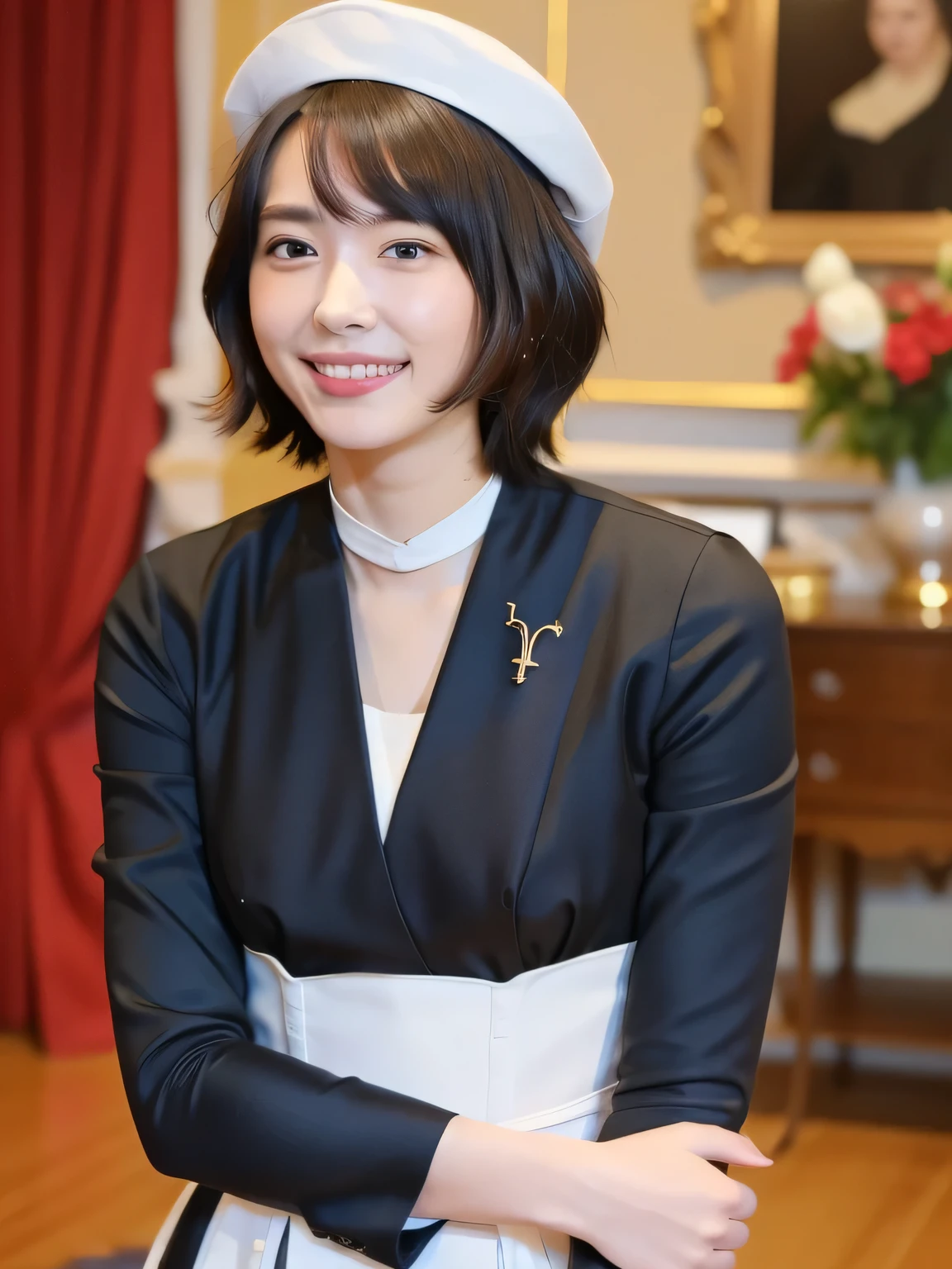 Depict a 20-year-old, very beautiful woman in a luxurious mansion room. She is dressed in a classic black-and-white maid outfit with a short hem and wearing a white brim cap. Her expression is confident, and she is smiling warmly. The setting includes elegant furnishings and decor typical of a grand estate, with soft, natural lighting to enhance the sophisticated atmosphere.