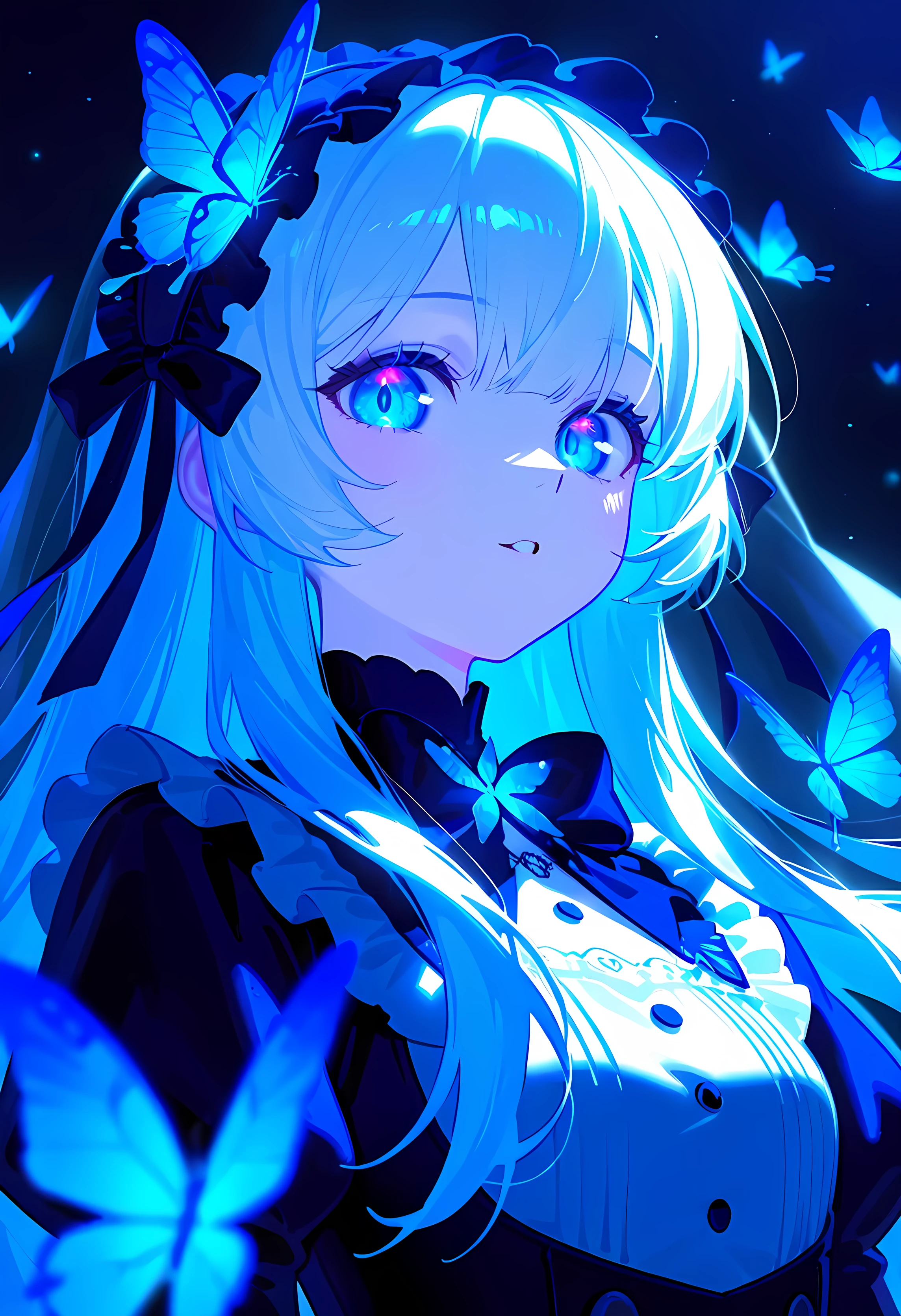 masutepiece, Highest Quality, (Perfect face:1.1), (high detailing:1.1), (ultradetailed eyes), Dramatic, superfine illustration, Extremely detailed, 1girl in, (pale skin), long White Hair, Ethereal eyes, blue eyes,tareme, (light eyebrow),blush,Solo, Smile, Open mouth,Pouty lips,Cinematic lighting, Looking at Viewer, Gothic ta, frilld, bow ribbon,Head dress, veil, pretty face, pretty details , glowing details, very detailed, butterflies , glowing butterflies, blue butterflies , detailed bangs, better hair,, glowings eyes, anime style 