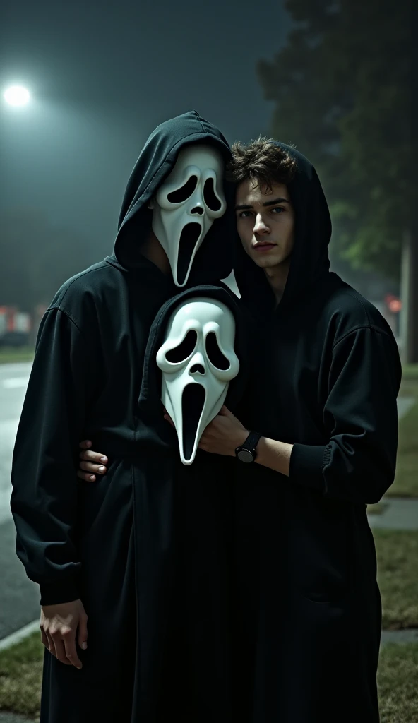 Ateez's Seonghwa and Hongjoong covering half of their faces with Ghostface masks. In the middle of them is Ateez's Wooyoung with blood splatters