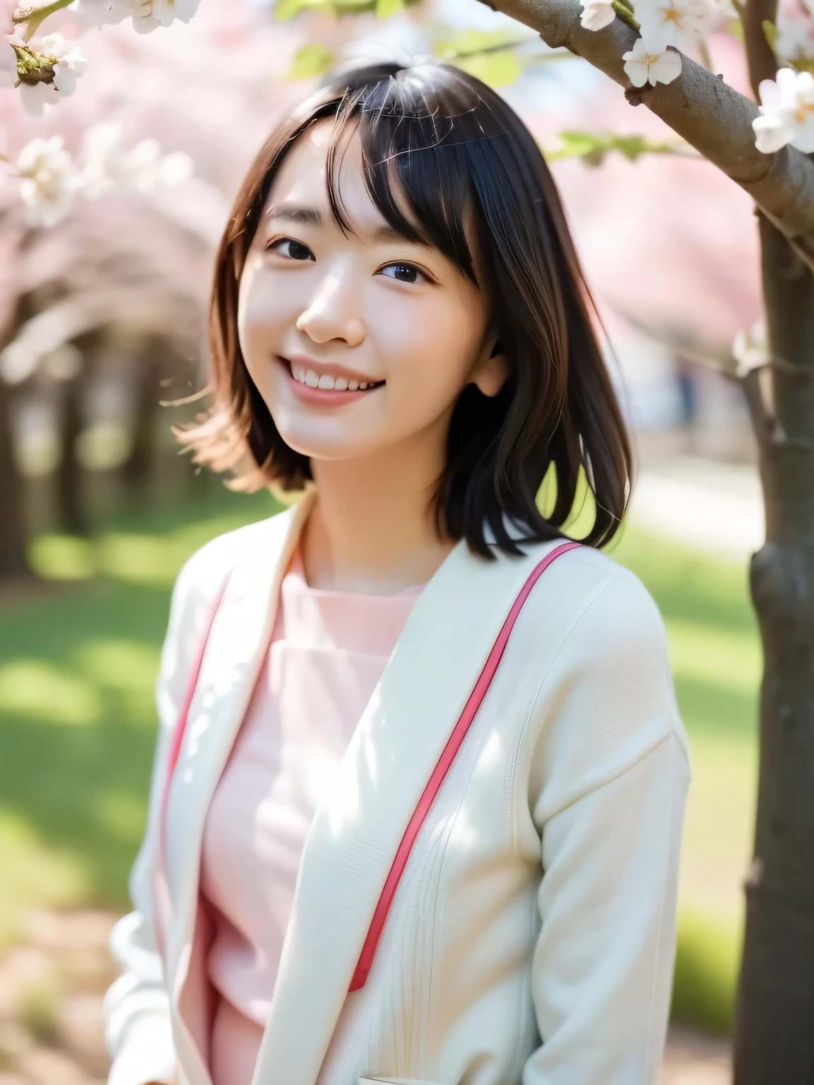 Depict a 20-year-old, very beautiful woman standing under a row of fully bloomed cherry blossom trees. She is dressed in a classic black-and-white sailor-style outfit with a short hem. Her cheeks are slightly flushed, and she is smiling gently, radiating a cheerful and charming aura. The background is filled with vibrant pink blossoms and soft natural light, creating a serene and picturesque scene.