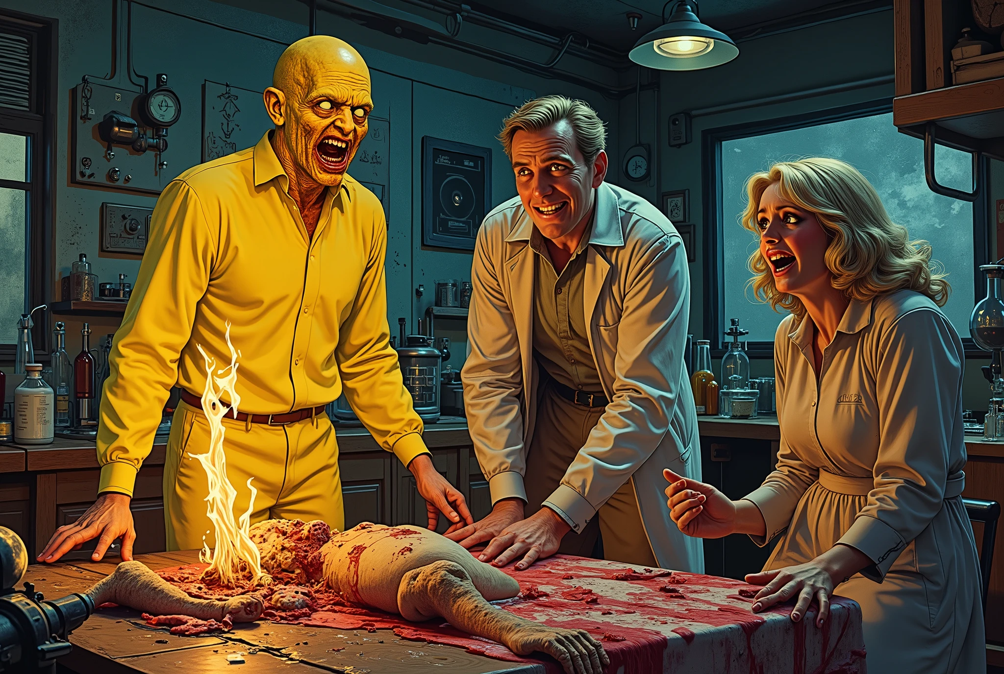 60's horror film, man with melting formless face, radioactive man, terrorizing blonde scream queen in laboratory, burning the flesh off mad scientist, sucking in his bones and entrails, lurid vivid colors, retro 60s sci-fi horror movie aesthetic, bloody, gory, scary, movie poster vibe, bold colors, detailed, erotic, NSFW, lurid and vivid colors, detailed, intricate, gouache paints, European fumetto style, Frazetta, Mort Künstler, Basil Gogos, Graham "Ghastly" Ingels, volumetric lighting, classic horror comic aesthetic
