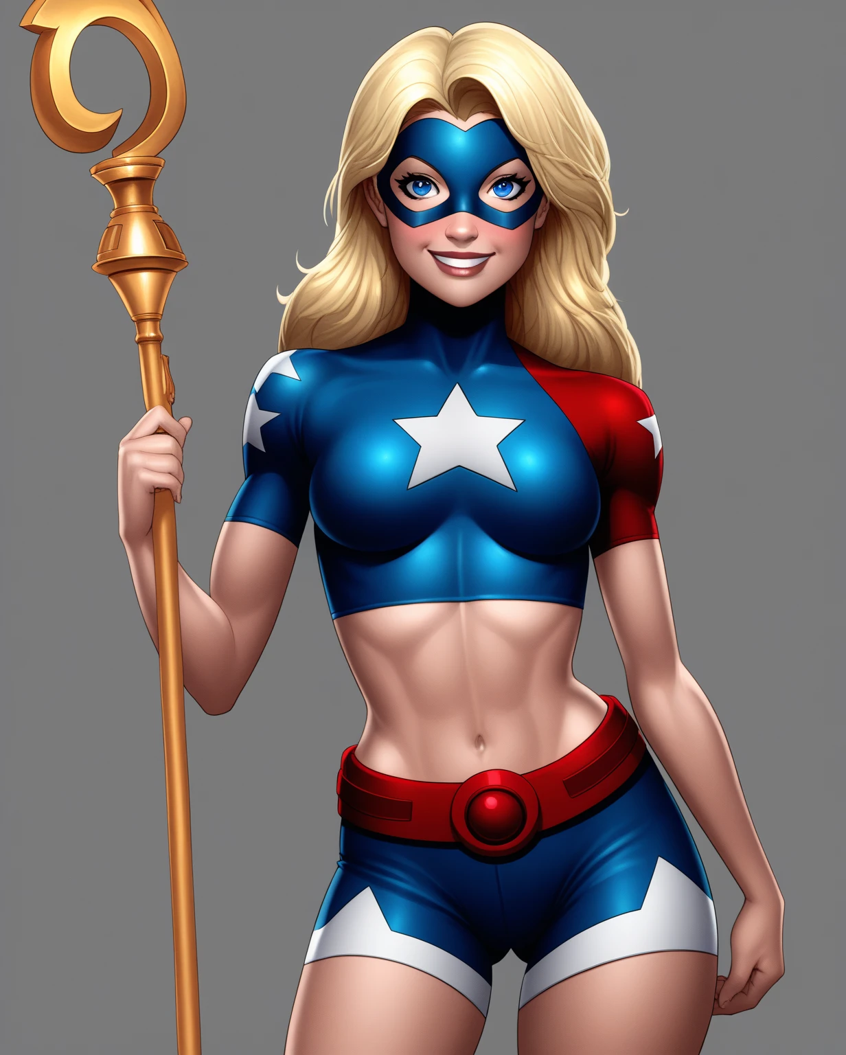 stargirl_dc, blonde hair,blue eyes,tight clothing, midriff, petite body, briefs, looking at viewer, serious, smiling, holding a cosmic staff,
outside, park, night, extreme detail, masterpiece, beautiful quality, <lora:stargirl_DC_v1:.7>