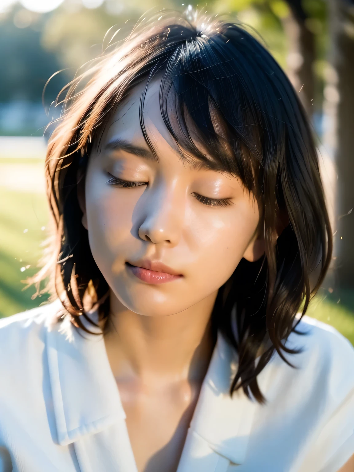 Depict a 20-year-old, very beautiful woman standing in a lush, green park at sunset. The warm light of the evening sun bathes the scene in a golden glow. She is facing forward, her eyes gently closed, her cheeks slightly flushed, and her face tilted slightly upward as if anticipating a kiss. The atmosphere is serene and romantic, with the soft colors of the sunset complementing the tranquil surroundings. 1 woman。