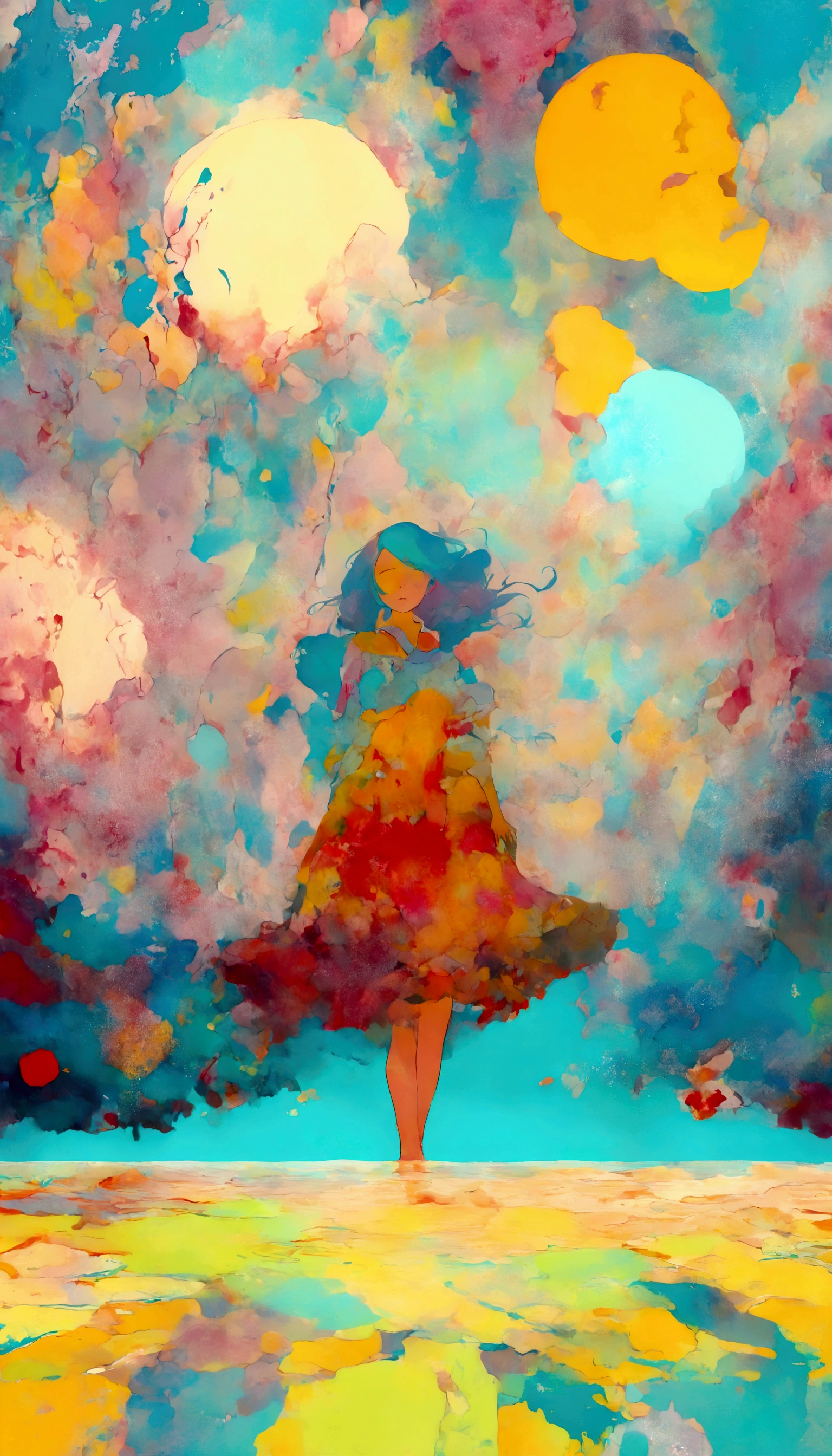 ( very detailed, super high definition , detailed background ),((2D)),(( Flat Color )),(( colorful)),((floating colorful water)), 1 girl,Alone, staring at the audience ,break