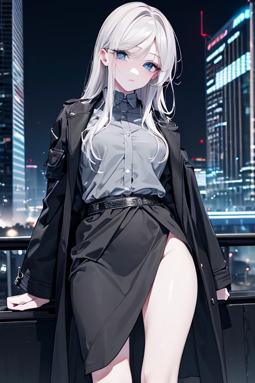 woman, pale skin, dark eyes, ear, eyebrow, lips, teeth showing, long straight white hair, short black tight dress, thin waist, thick legs, thick thighs, background scenery, ultra detailed street, night light, at night, night Day
