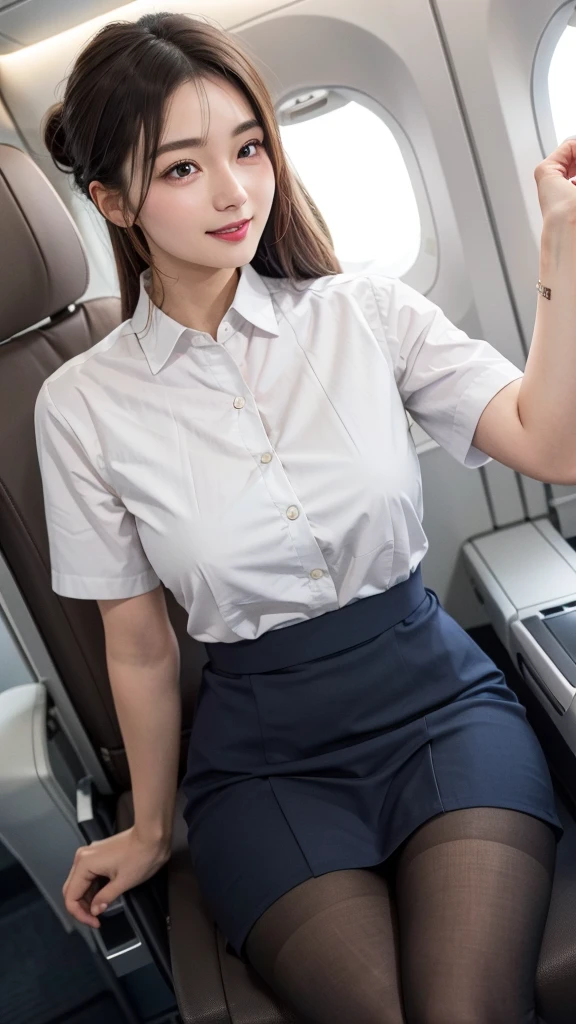 masterpiece, One beautiful girl, Detailed eyes, Swollen eyes, Highest quality, 超High resolution, (reality: 1.4), Original photo, One girl, Cinema Lighting, Japanese, Asian Beauty, Korean, Very very beautiful, Beautiful skins, thin, Front facing body, (超reality的な), (High resolution), (8k yen), (Very detailed), (Best illustrations), (Beautiful and detailed eyes), (Ultra-detailed), Detailed face, Looking at the audience, Look straight ahead, Neat Clothing, No sleeve、Put your hair up、Black-haired、46 point diagonal bangs、White background、Clean room、(Stewardess uniform、In-flight、pantyhose、Laughter、Breasts are breaded、Clothes are too tight