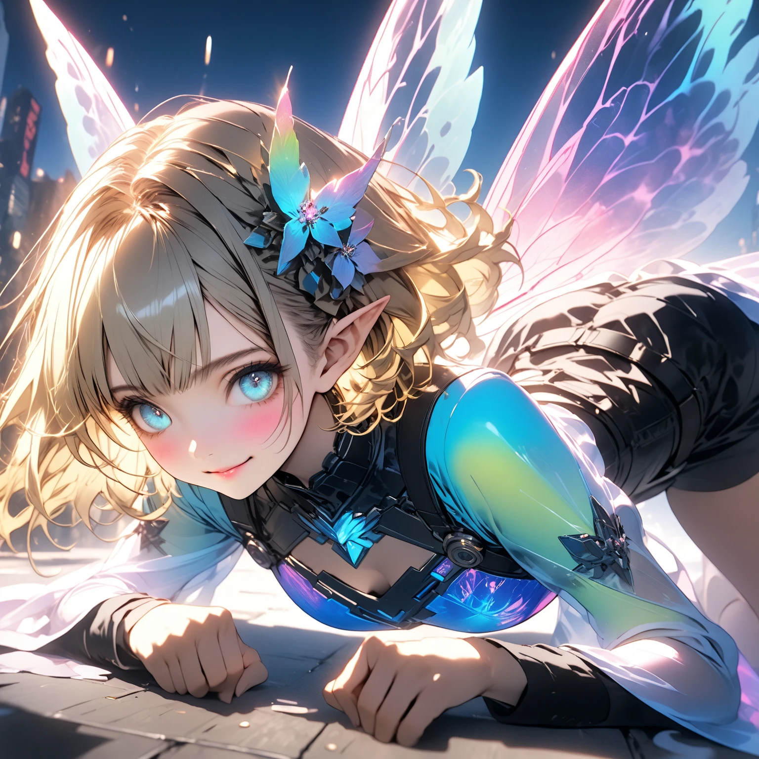 fantasy art, flying fairy girl, wearing fairy wings, blond hair, braid hair, grin, Pastel neon colors,high-saturation, best-quarity,
