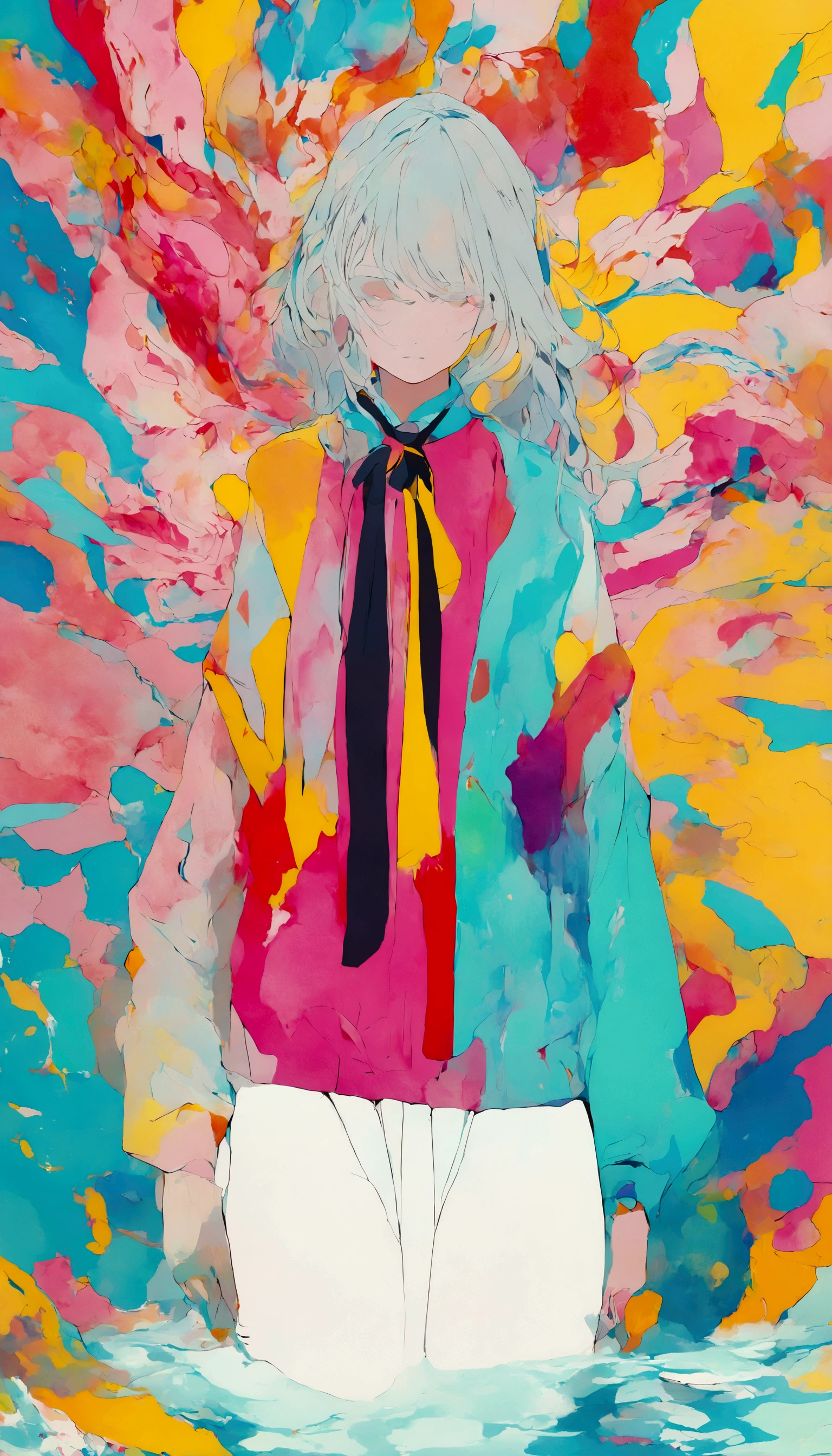 ( very detailed, super high definition , detailed background ),((2D)),(( Flat Color )),(( colorful)),((floating colorful water)), 1 girl,Alone, staring at the audience ,break