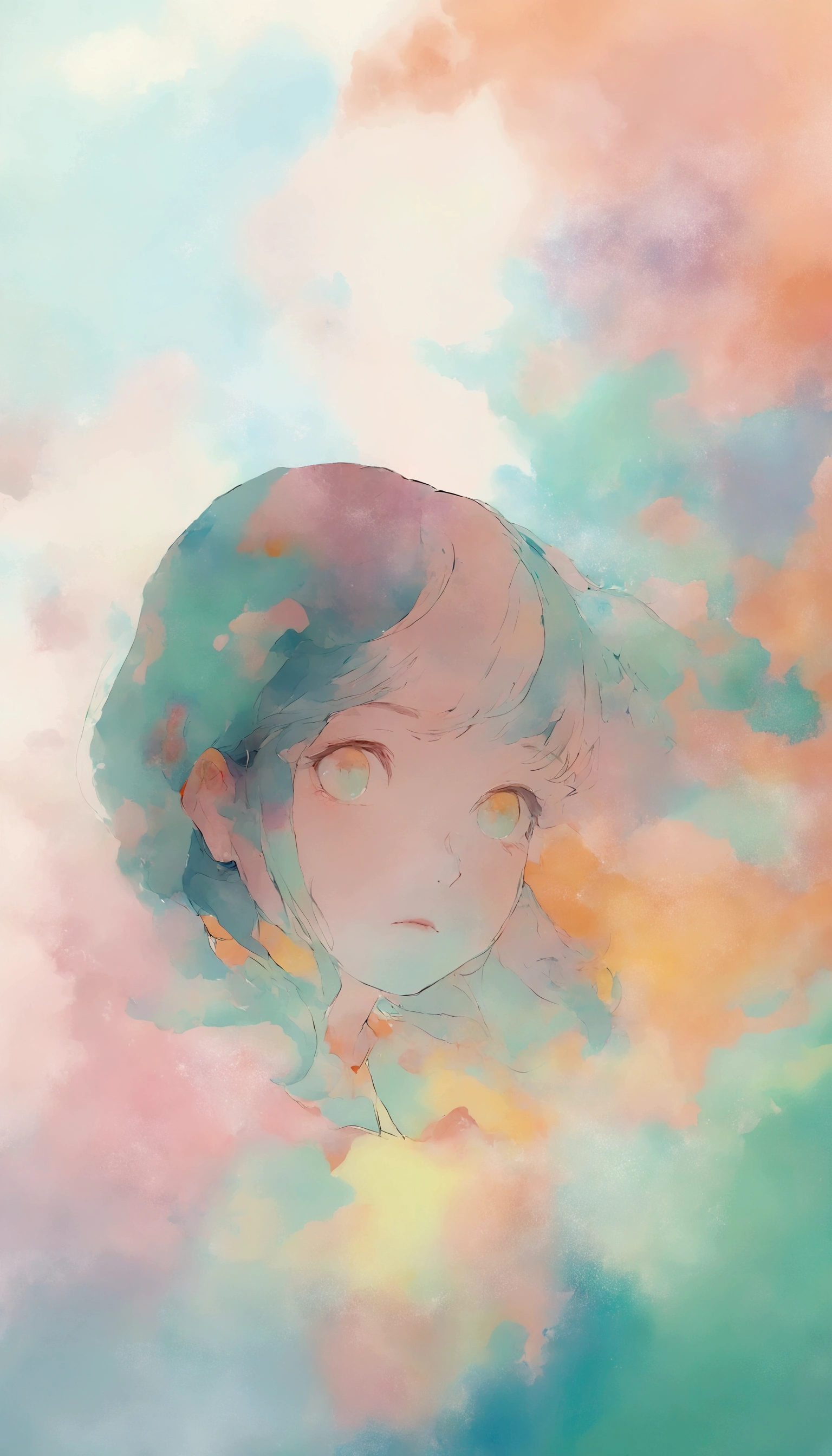( very detailed, super high definition , detailed background ),((2D)),(( Flat Color )),(( colorful)),((floating colorful water)), 1 girl,Alone, staring at the audience ,break, ink painting, pastel colors , Pale colors, Gentle colors