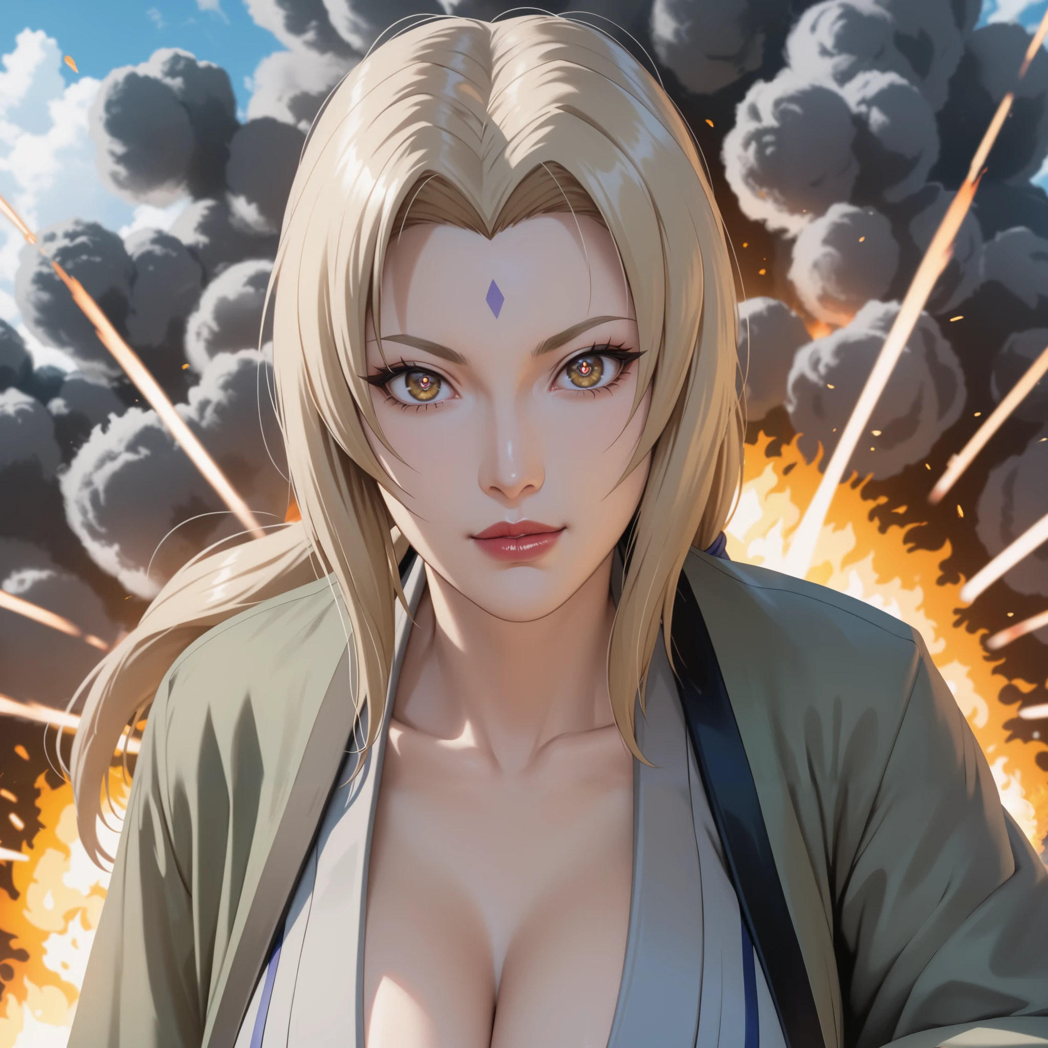 score_9,score_8_up,score_7_up,high res image,masterpiece,best quality,realistic,mature female,Tsunade,t5un4d3,Light yellow long hair,blue purple mark on forehead,light yellow thin short eyebrows,bright brown pupils,light red lips,dark green jacket,long sleeves,collarbone,grey kimono,blue obi,blue pants,(hanging :1.1),(:1.2),((flames of war)),(((nuclear explosion behide))):1.3),