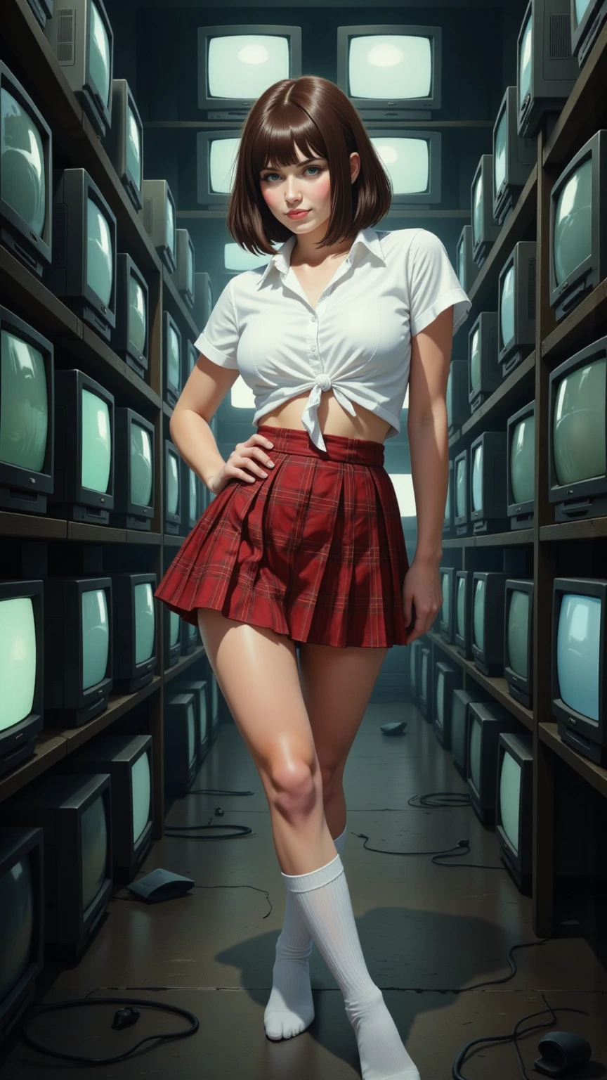 TopQuality 8K UltraDetailed Masterpiece(ProfessionalPHOTO:1.37), ExtremelyDetailed(Office Ladies), Gigantic Cleavage, Undressing ((pull down panties:1.28)) ((panty pull)) (wearing a skirt:1.2), Dusk {Rocker Room | White Shirt | Blood Stained panties | Red Shoes}, (Acutance:0.8)(Luminism), Specular reflection, Starry Colorful Particles