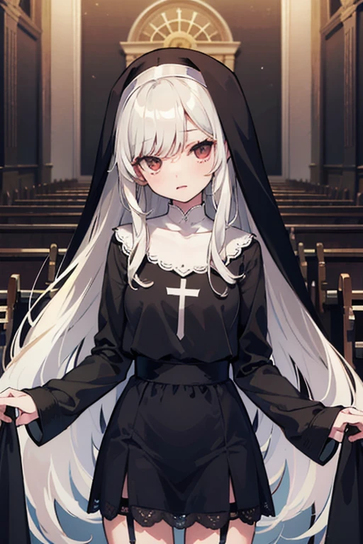 At church。White Hair,A nun in a black latex nun's gown kneels on the ground。The nun blushed in embarrassment.,Water drips from the corners of the mouth,The hands are tied behind the body by several black tentacles。